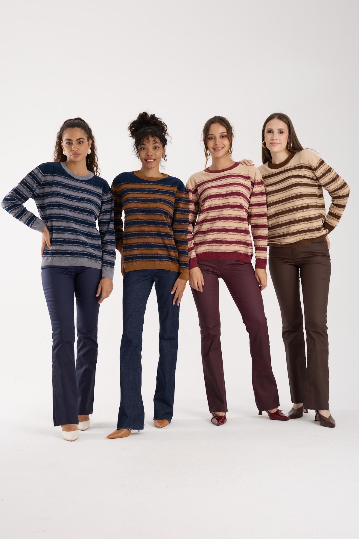 Wholesale Women's Navy-Camel Chenille Velvet Striped Crew-Neck Knit Blouse 0095W26-9004