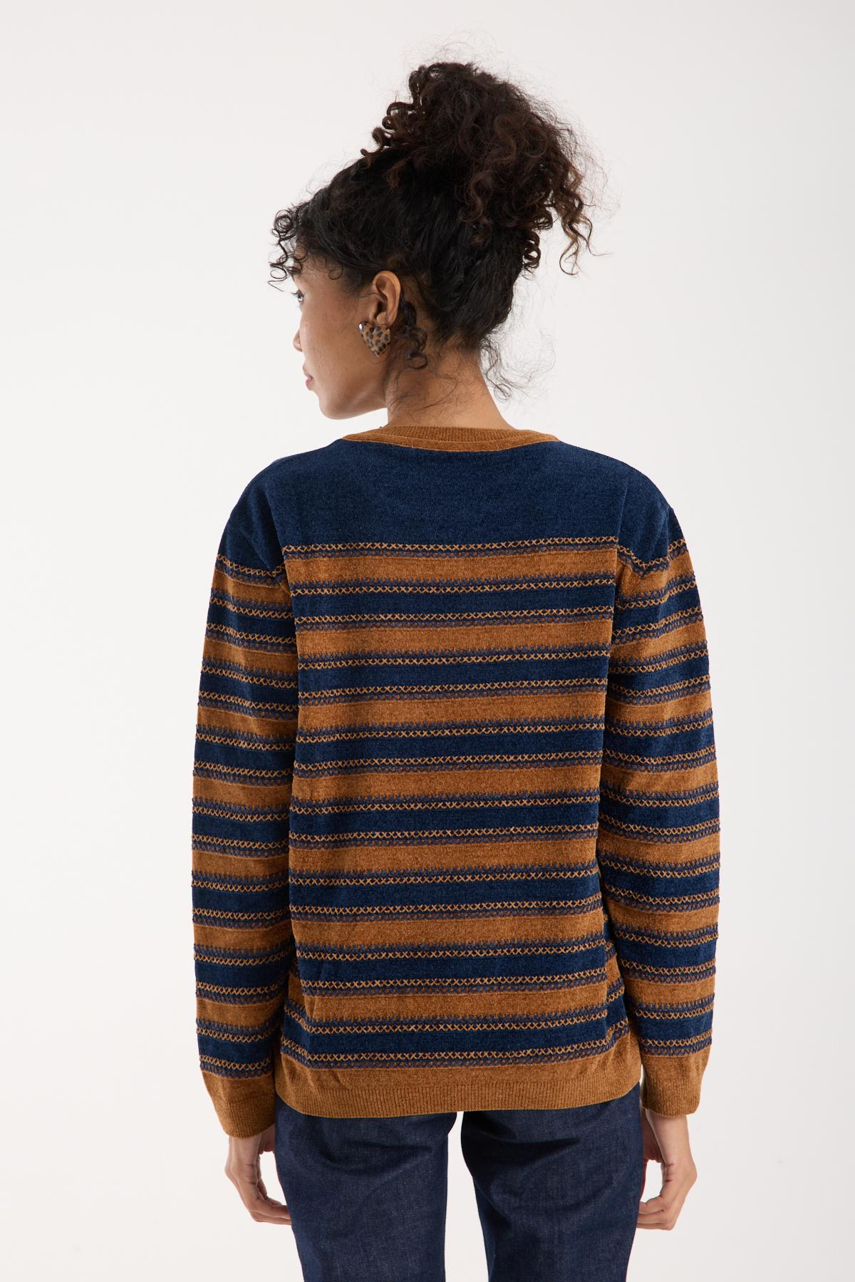 Wholesale Women's Navy-Camel Chenille Velvet Striped Crew-Neck Knit Blouse 0095W26-9004