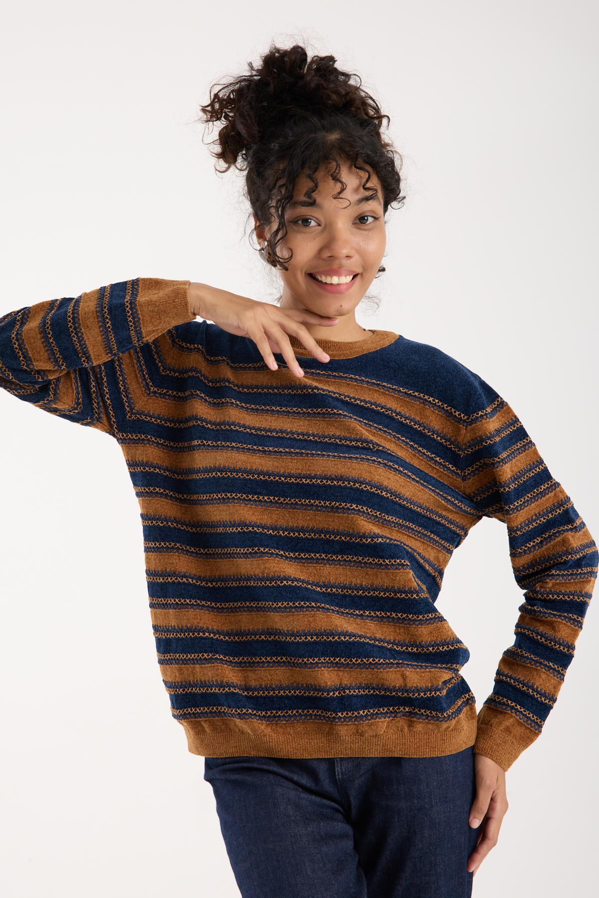 Wholesale Women's Navy-Camel Chenille Velvet Striped Crew-Neck Knit Blouse 0095W26-9004