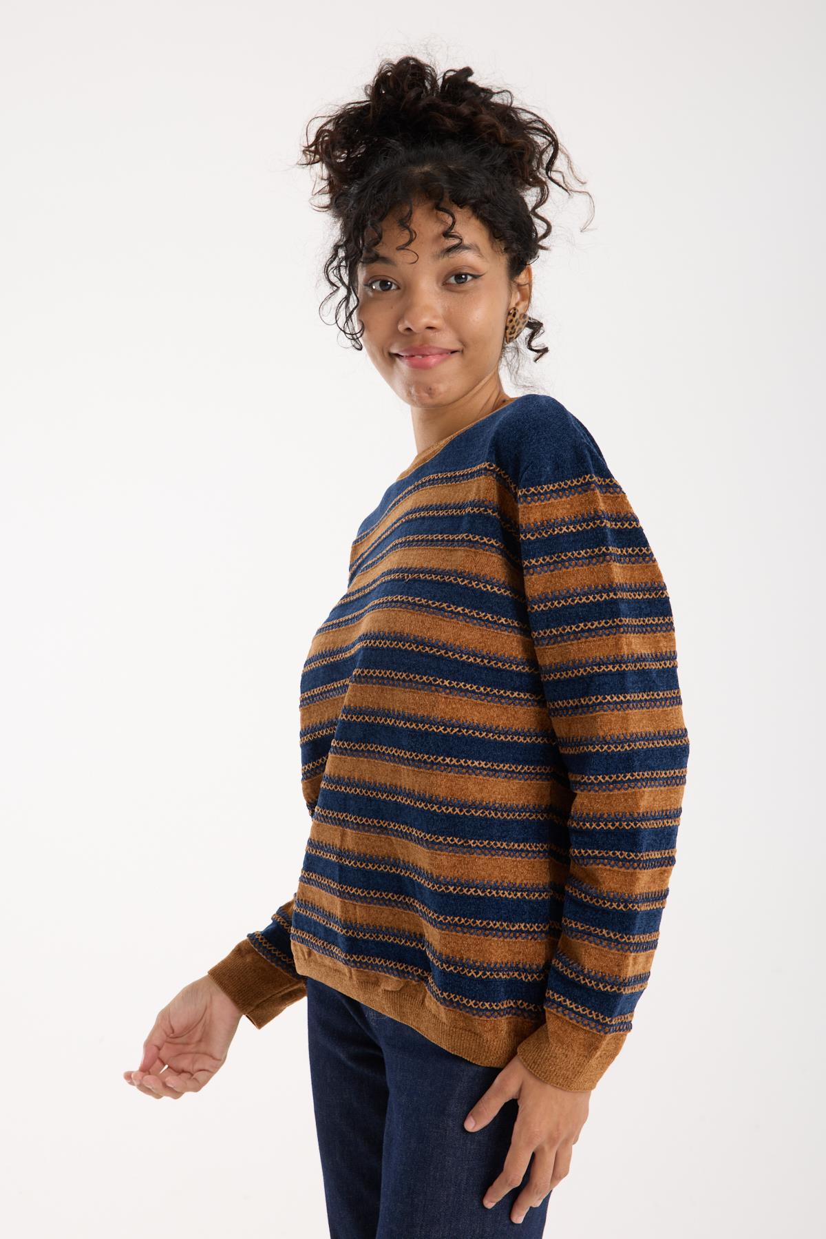 Wholesale Women's Navy-Camel Chenille Velvet Striped Crew-Neck Knit Blouse 0095W26-9004