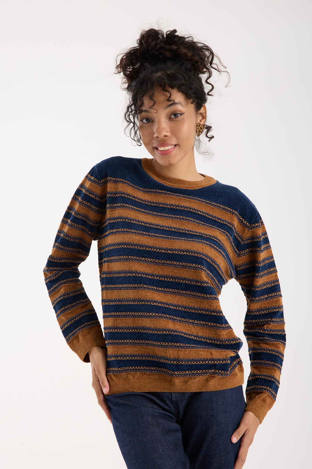 Wholesale Women's Navy-Camel Chenille Velvet Striped Crew-Neck Knit Blouse 0095W26-9004