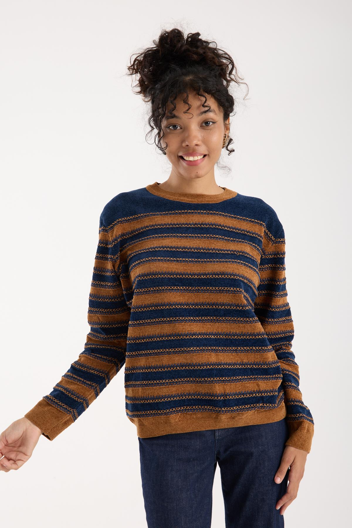 Wholesale Women's Navy-Camel Chenille Velvet Striped Crew-Neck Knit Blouse 0095W26-9004