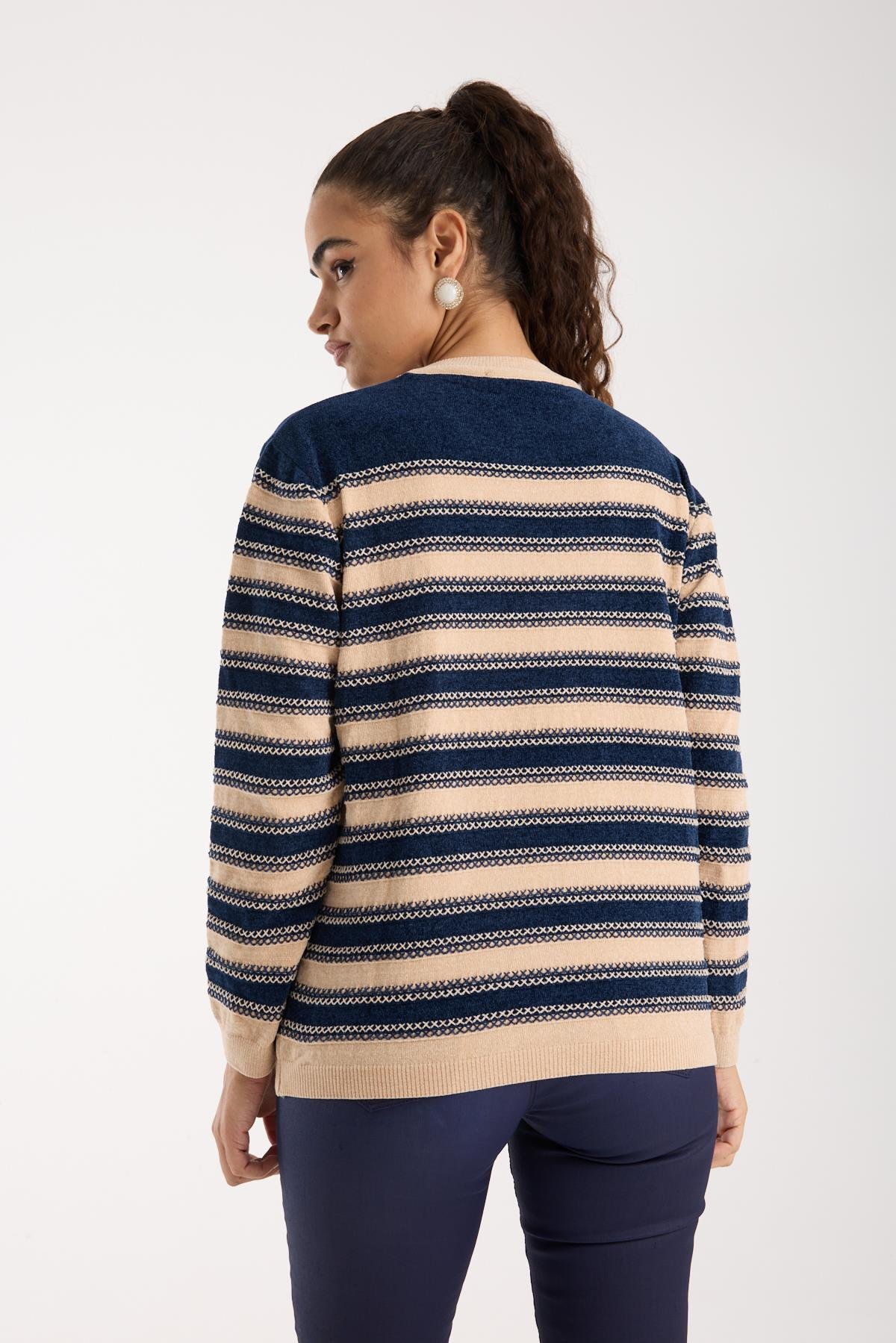 Wholesale Women's Navy-Cream Chenille Velvet Striped Crew-Neck Knit Blouse 0095W26-9004