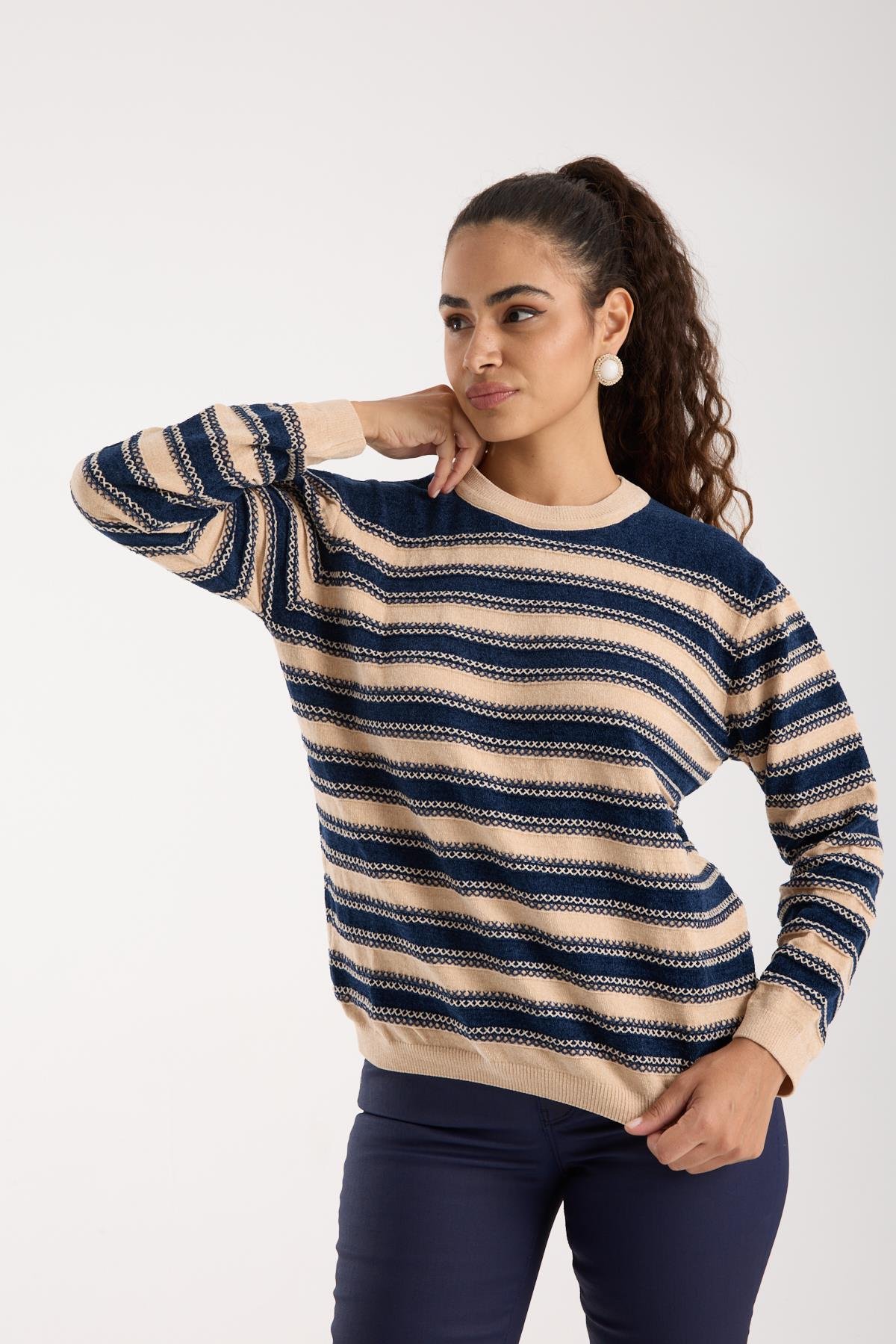 Wholesale Women's Navy-Cream Chenille Velvet Striped Crew-Neck Knit Blouse 0095W26-9004
