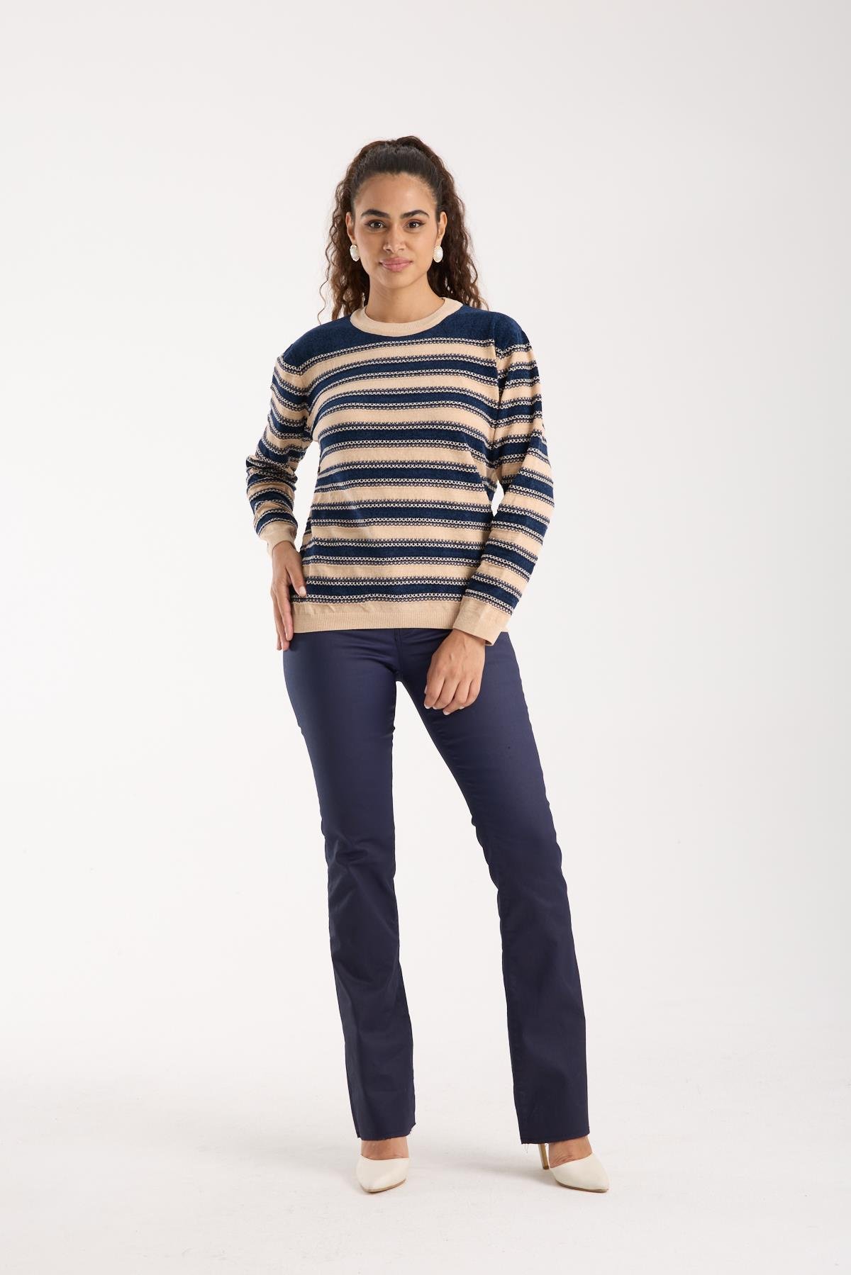 Wholesale Women's Navy-Cream Chenille Velvet Striped Crew-Neck Knit Blouse 0095W26-9004