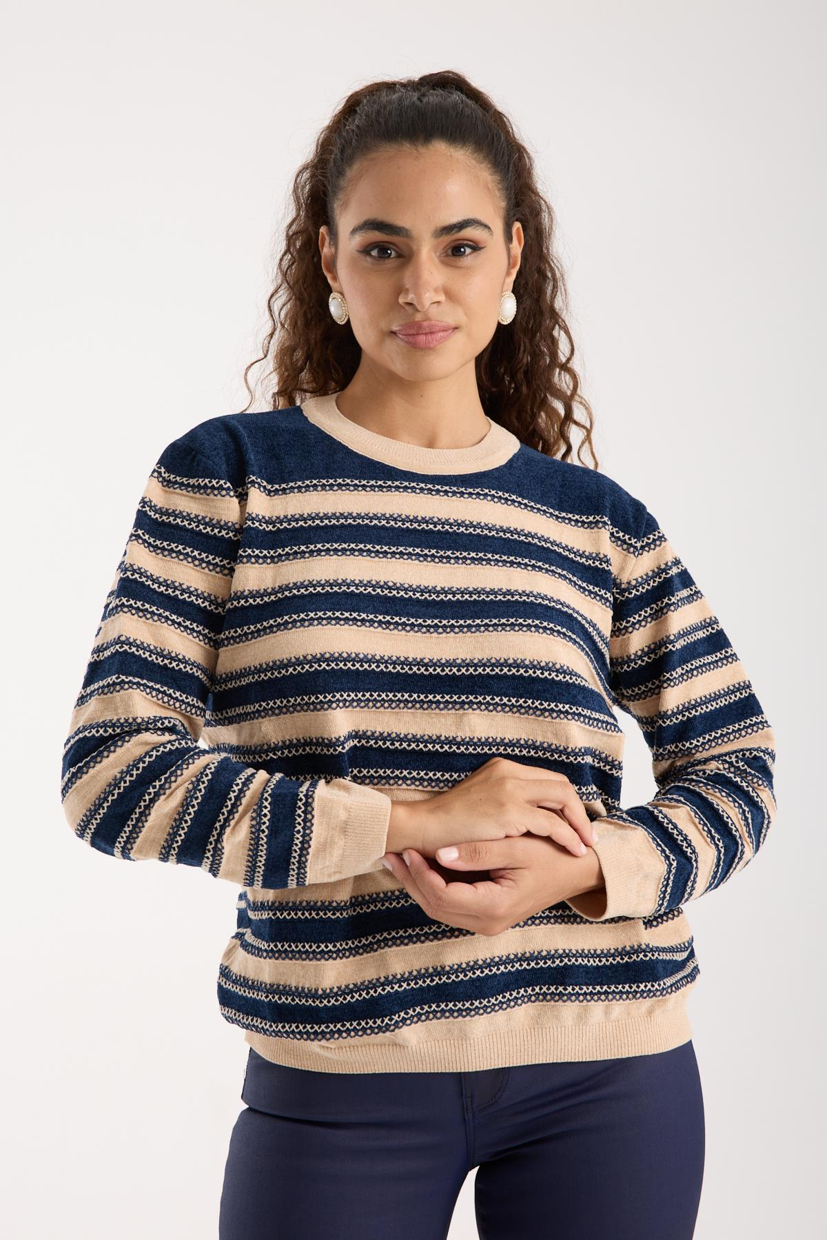 Wholesale Women's Navy-Cream Chenille Velvet Striped Crew-Neck Knit Blouse 0095W26-9004