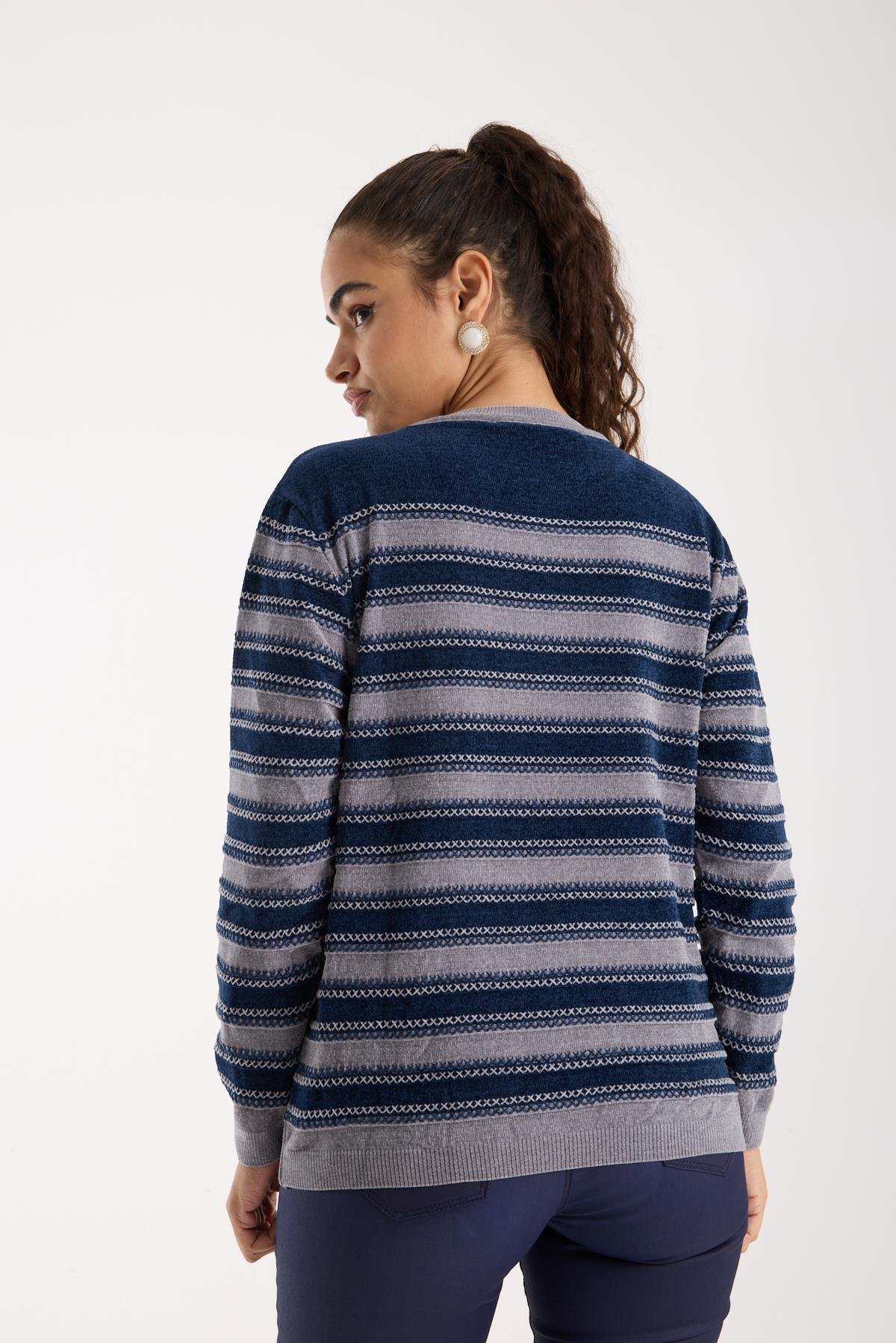 Wholesale Women's Navy-Gray Chenille Velvet Striped Crew-Neck Knit Blouse 0095W26-9004