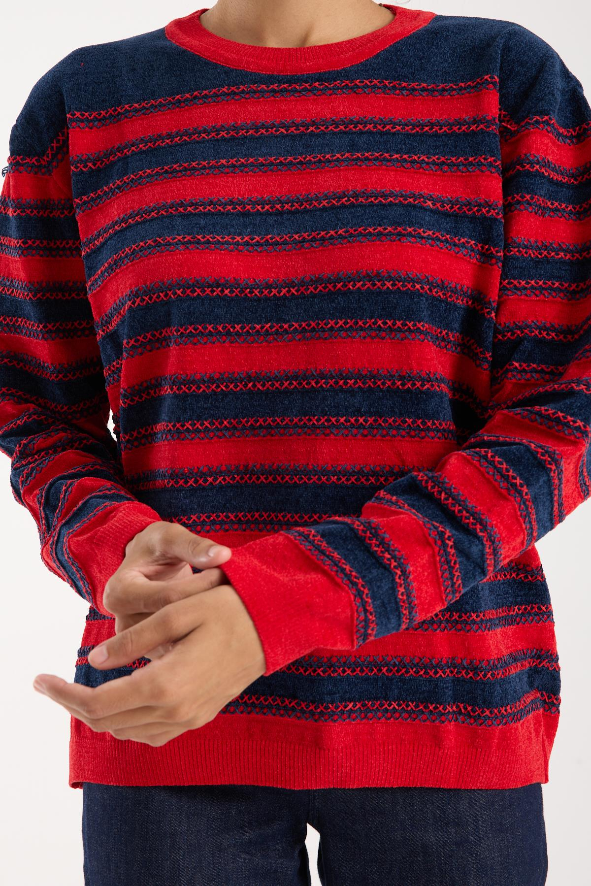 Wholesale Women's Navy-Red Chenille Velvet Striped Crew-Neck Knit Blouse 0095W26-9004