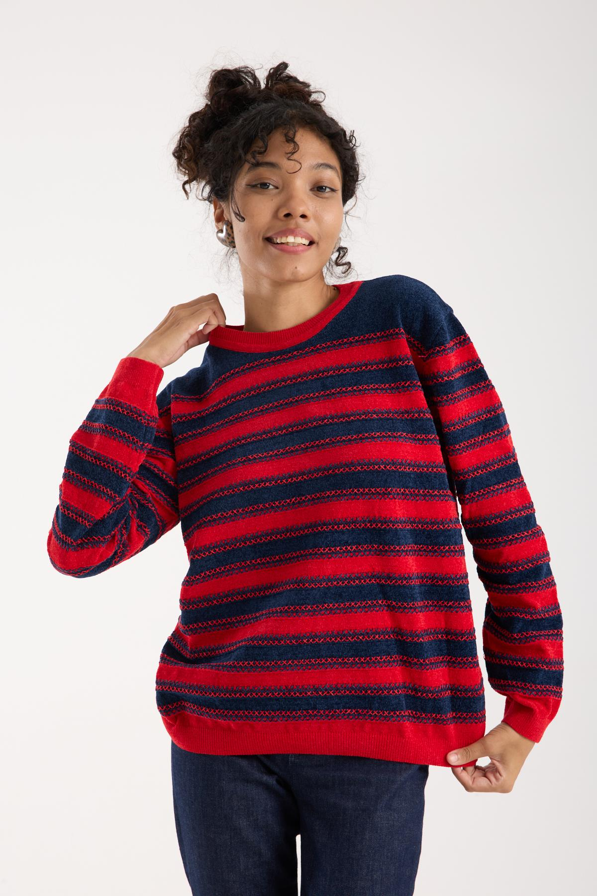 Wholesale Women's Navy-Red Chenille Velvet Striped Crew-Neck Knit Blouse 0095W26-9004