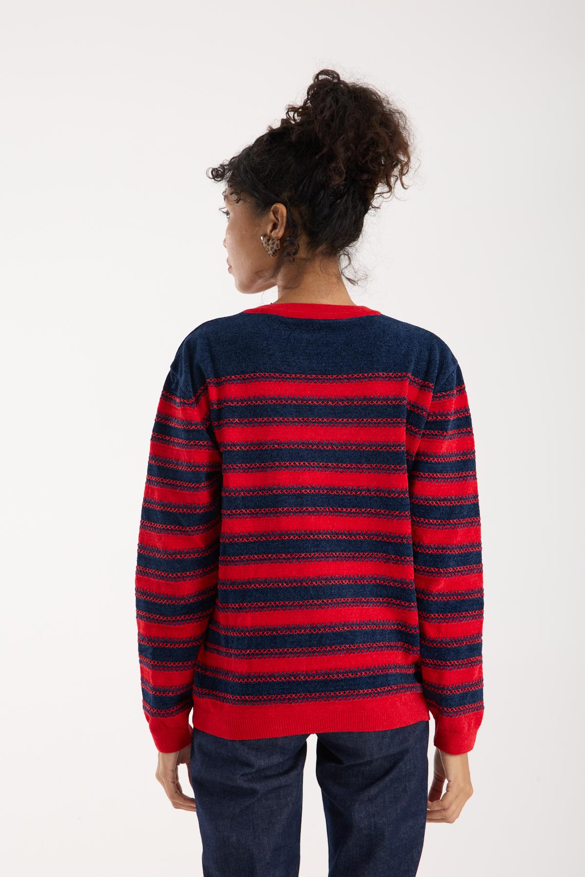Wholesale Women's Navy-Red Chenille Velvet Striped Crew-Neck Knit Blouse 0095W26-9004