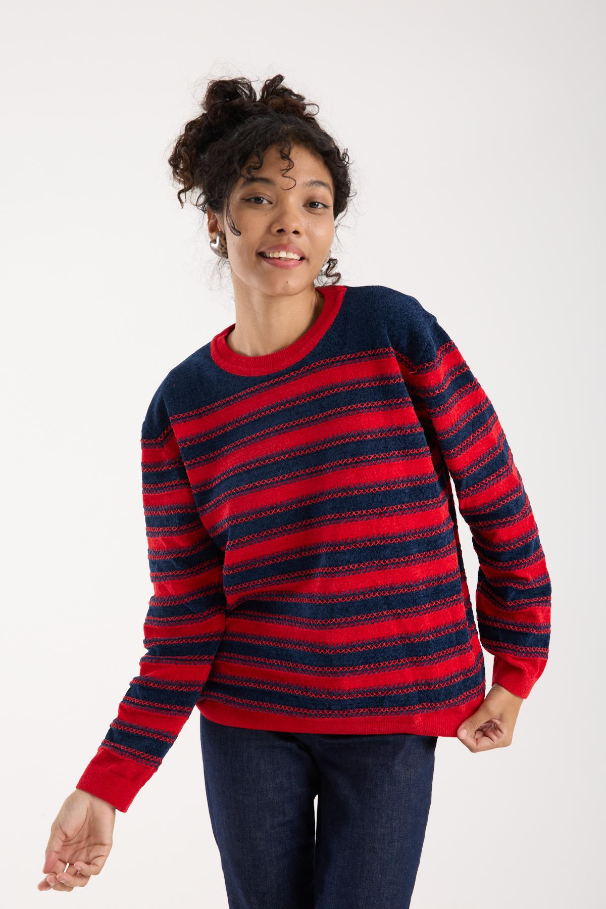 Wholesale Women's Navy-Red Chenille Velvet Striped Crew-Neck Knit Blouse 0095W26-9004