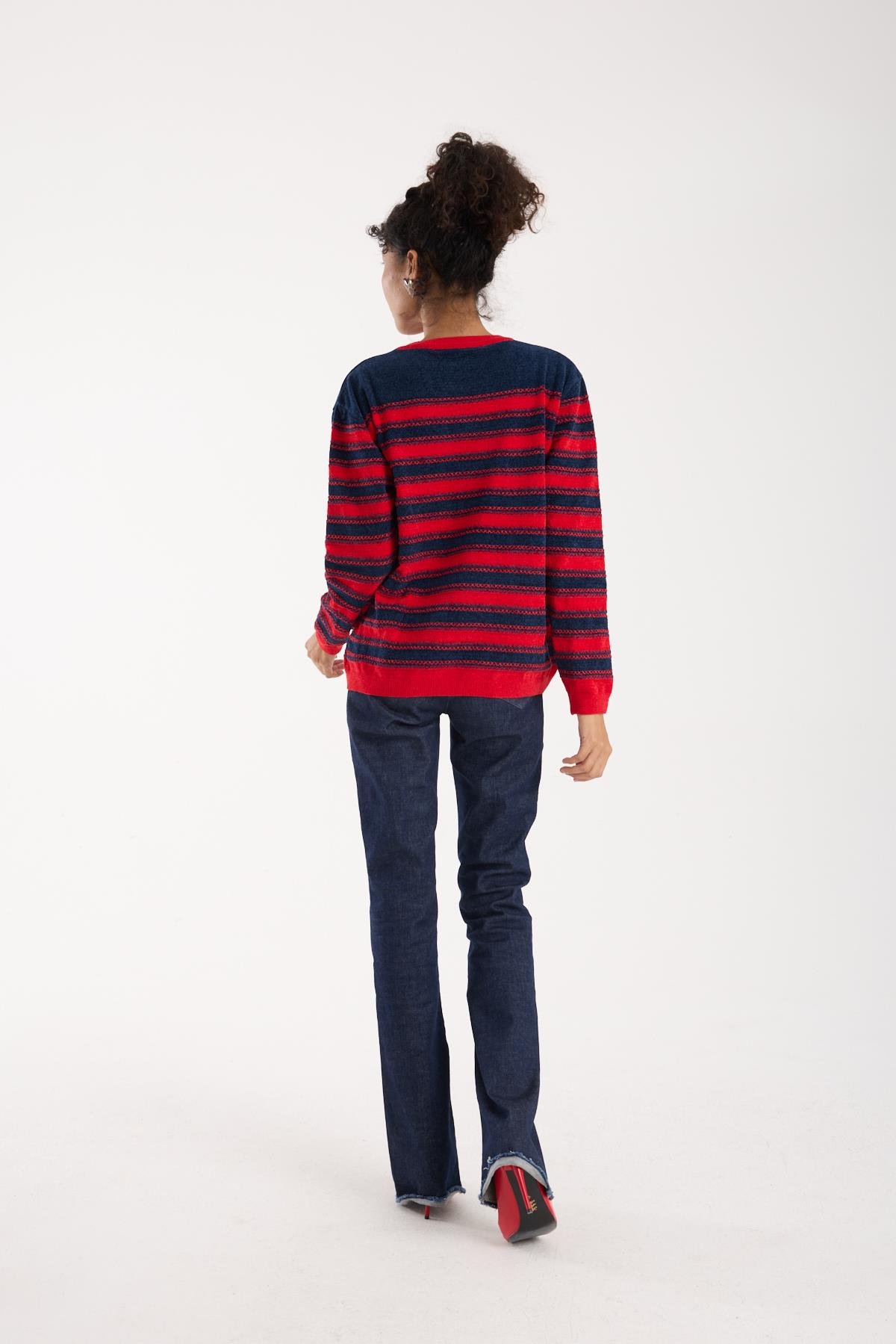 Wholesale Women's Navy-Red Chenille Velvet Striped Crew-Neck Knit Blouse 0095W26-9004