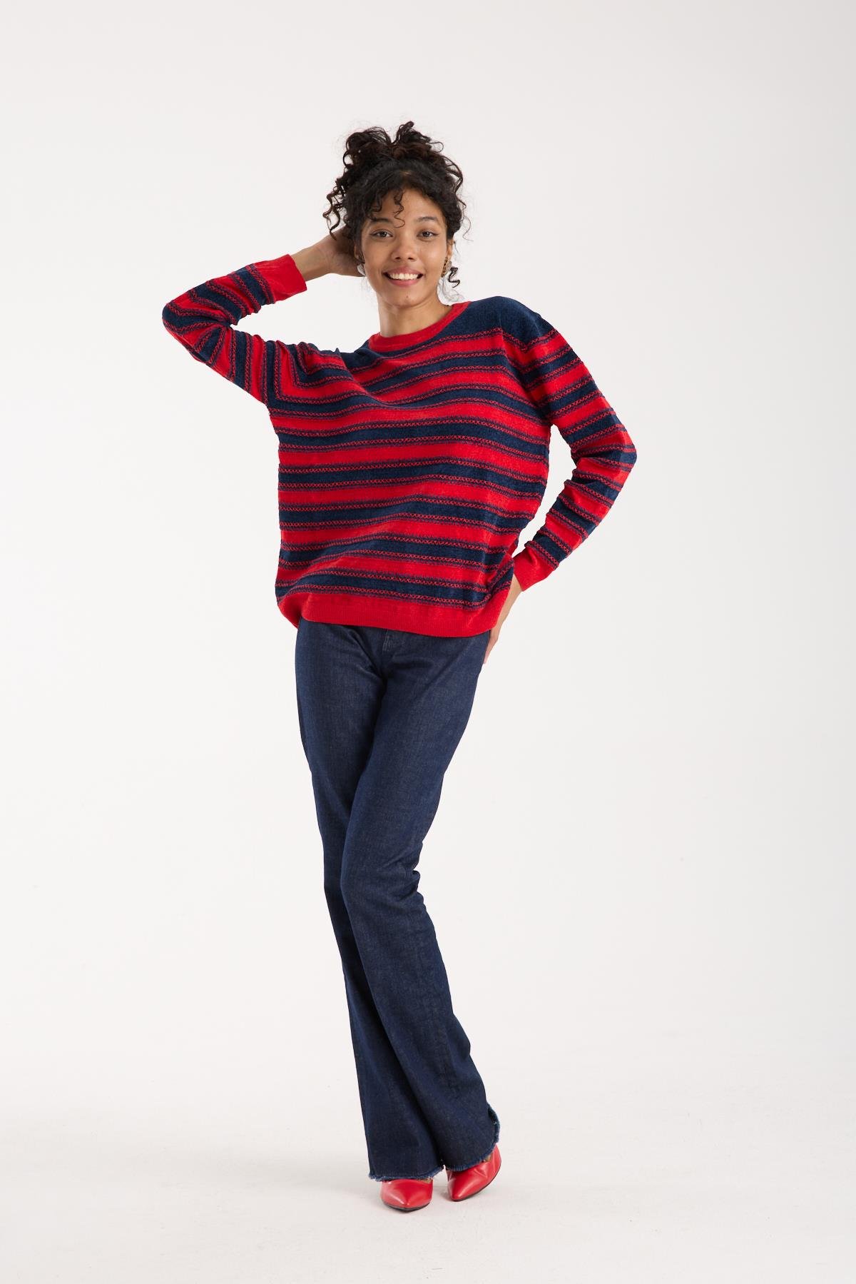 Wholesale Women's Navy-Red Chenille Velvet Striped Crew-Neck Knit Blouse 0095W26-9004