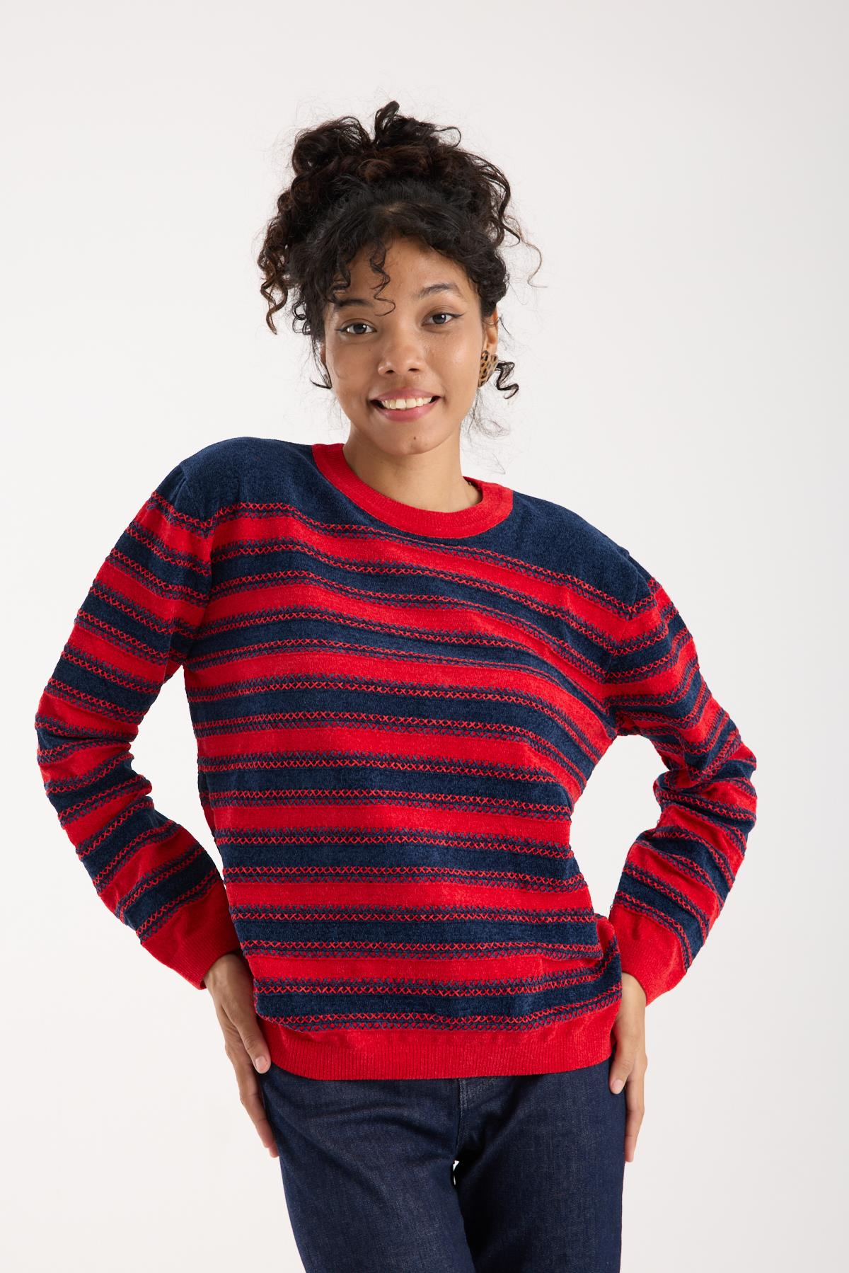 Wholesale Women's Navy-Red Chenille Velvet Striped Crew-Neck Knit Blouse 0095W26-9004