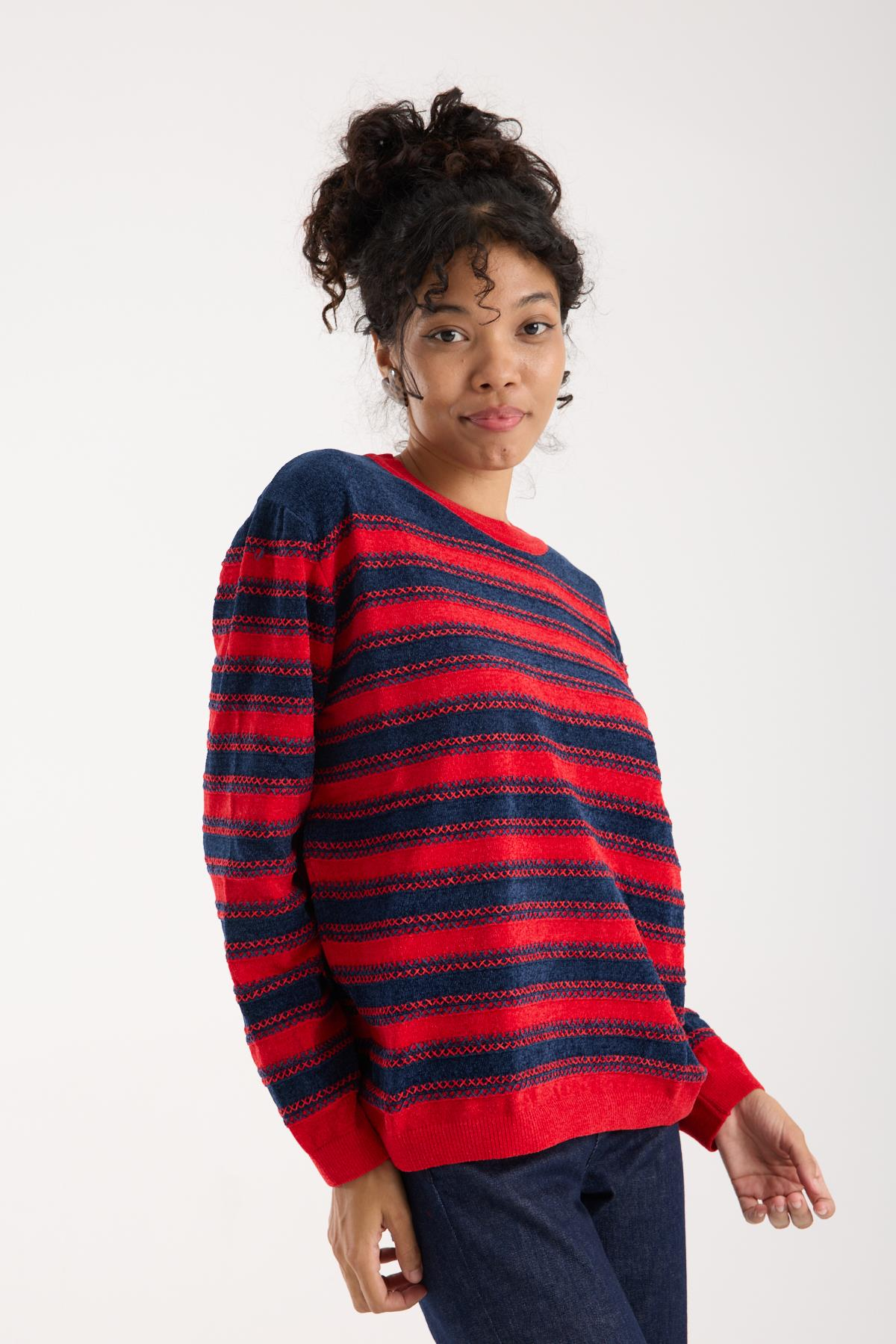 Wholesale Women's Navy-Red Chenille Velvet Striped Crew-Neck Knit Blouse 0095W26-9004