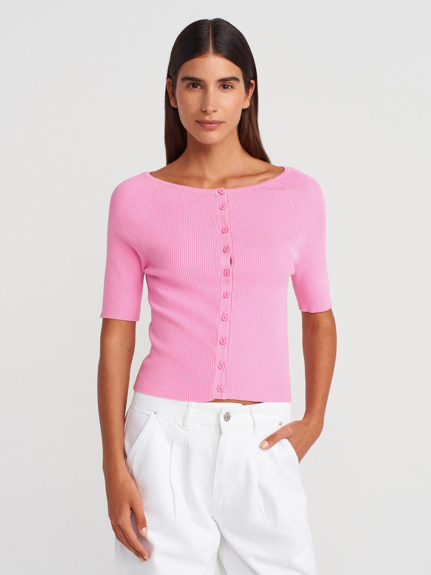 Wholesale Women's Pink Ribbed Buttoned Fine Knit Cardigan 0431W26-60970