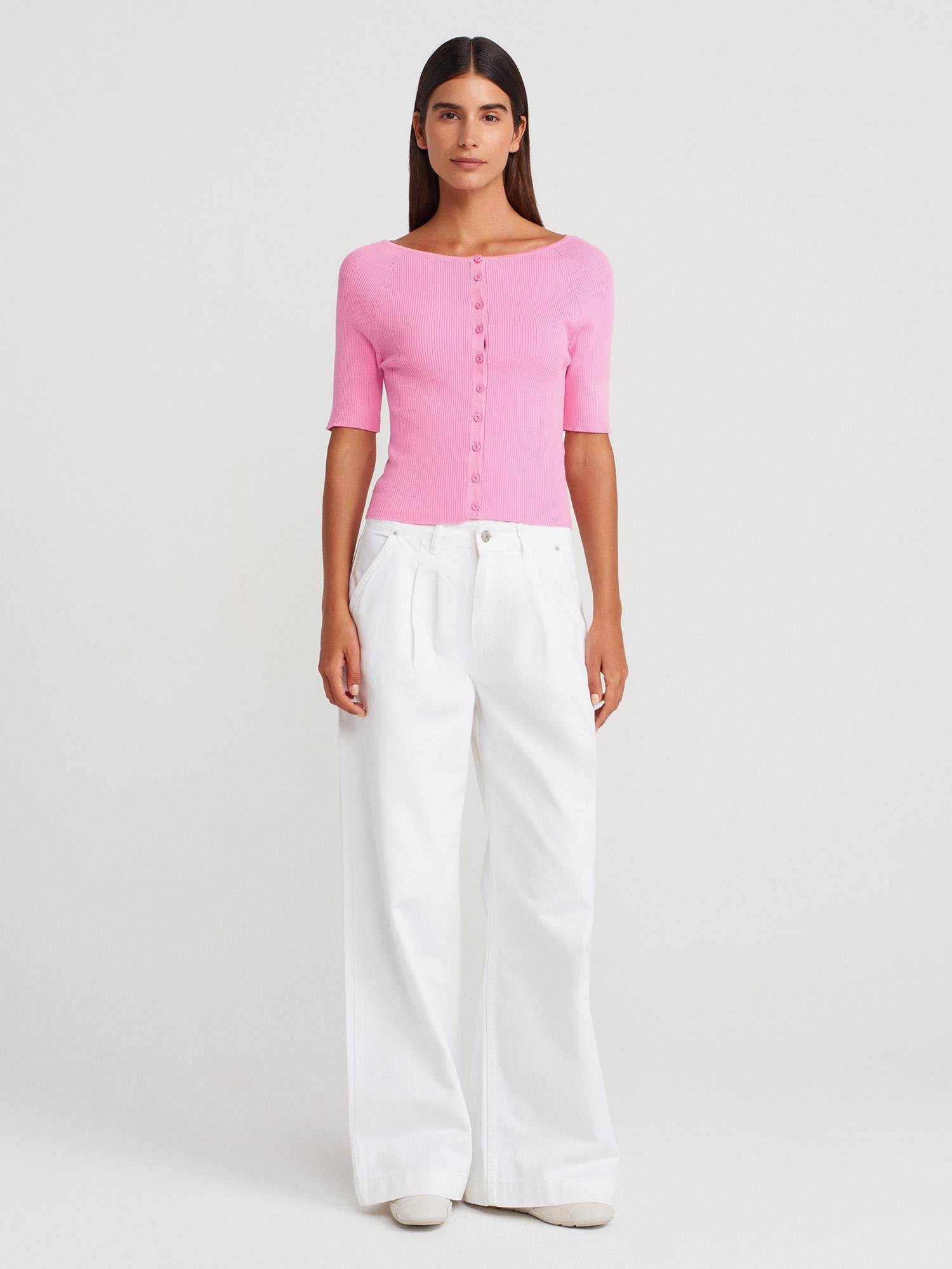 Wholesale Women's Pink Ribbed Buttoned Fine Knit Cardigan 0431W26-60970