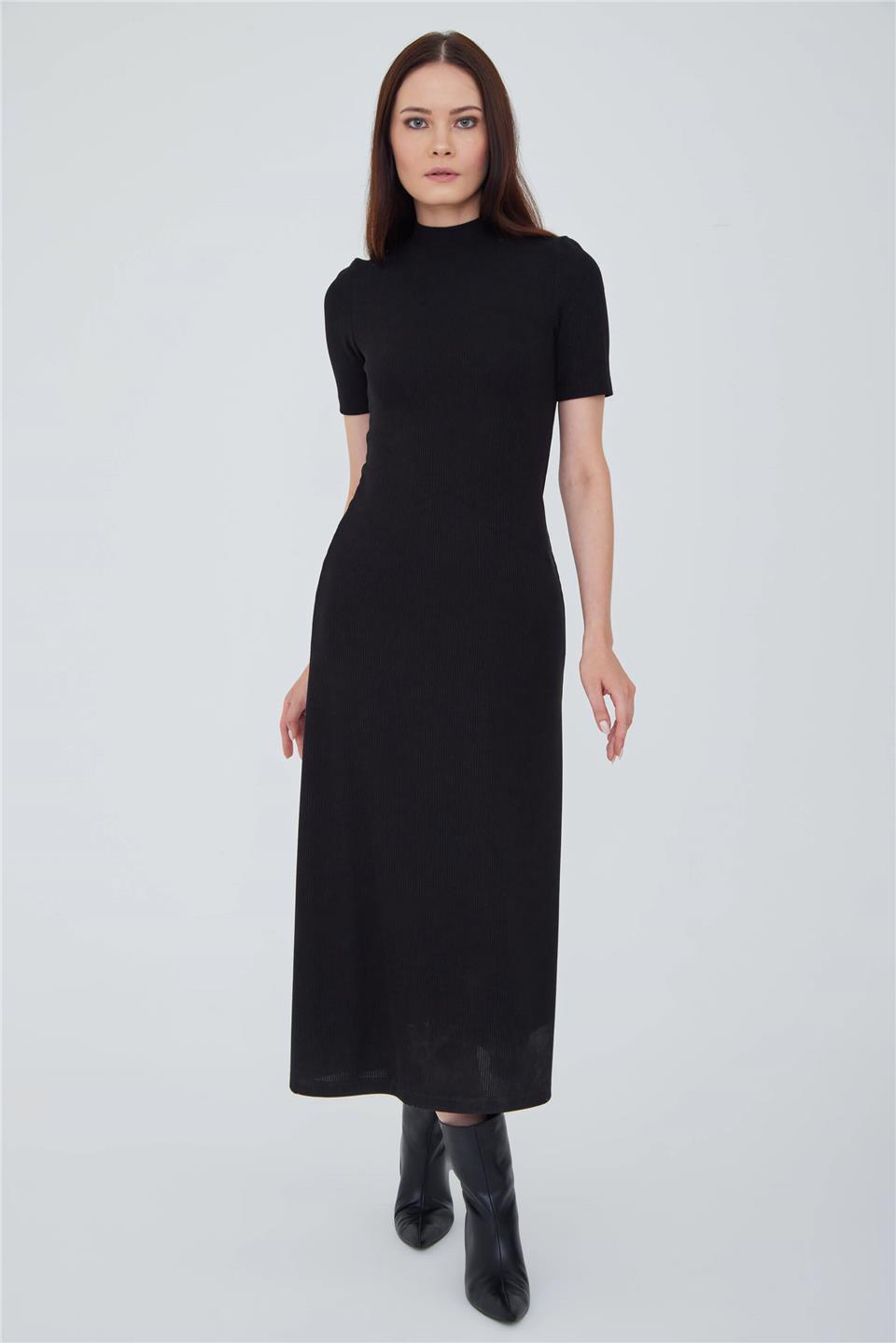 Wholesale Women's ROUND NECK SHORT SLEEVE LONG Dress Deep Ink Black