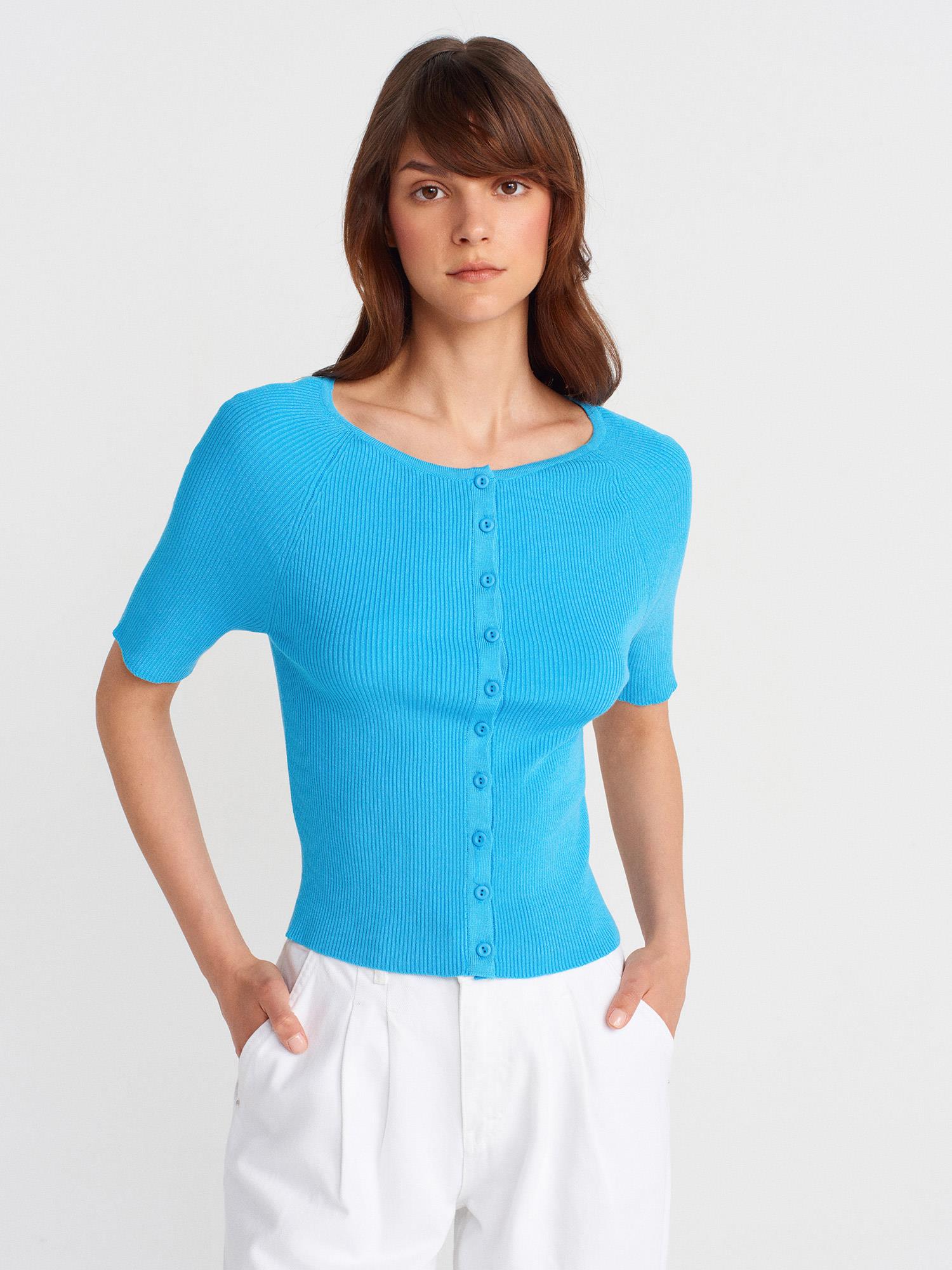 Wholesale Women's Turquoise Ribbed Buttoned Fine Knit Cardigan 0431W26-60970