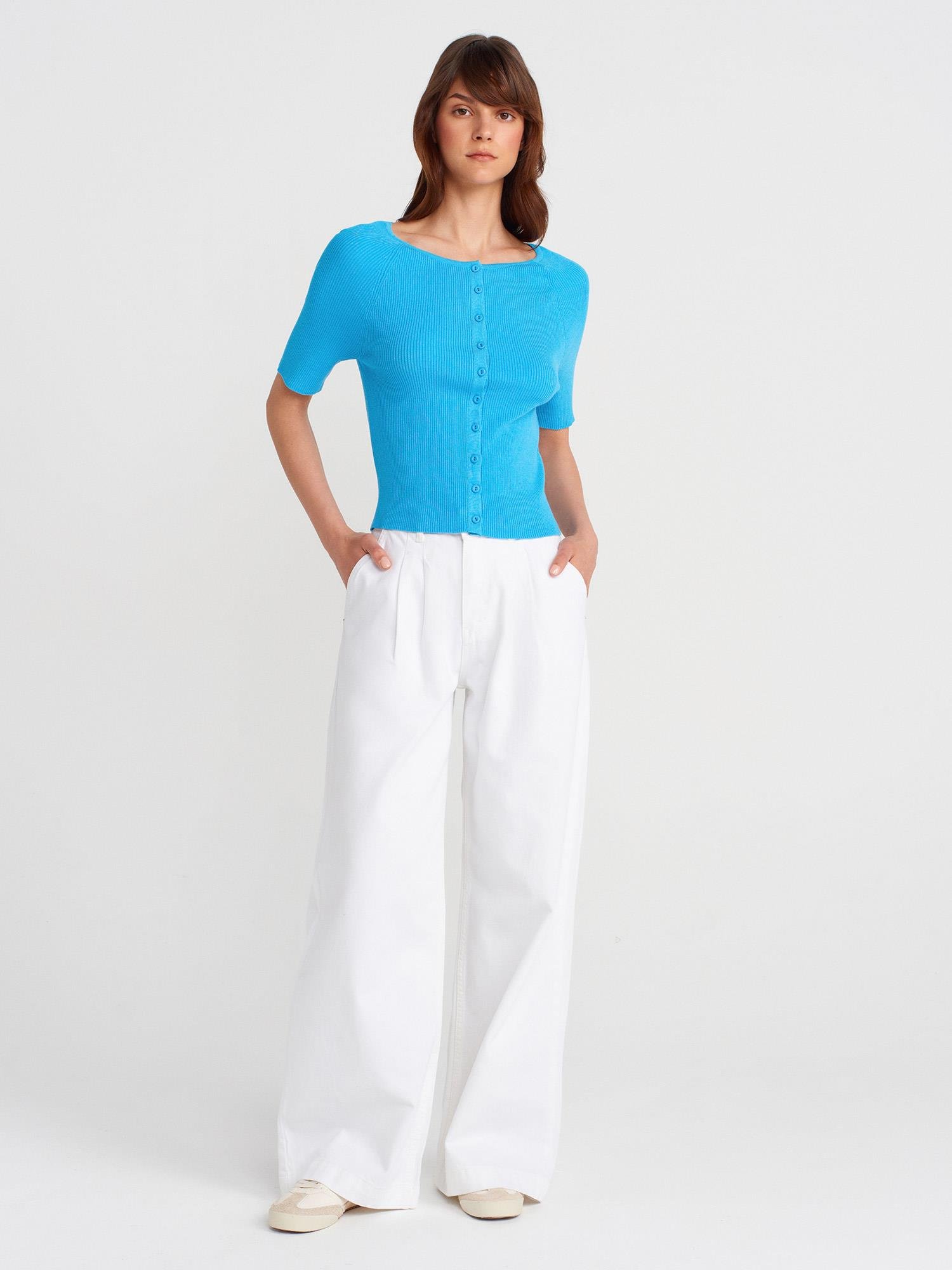 Wholesale Women's Turquoise Ribbed Buttoned Fine Knit Cardigan 0431W26-60970