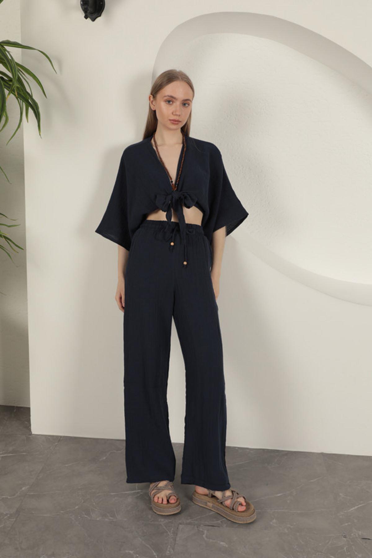 Wide Leg Women's Trousers-Navy Blue