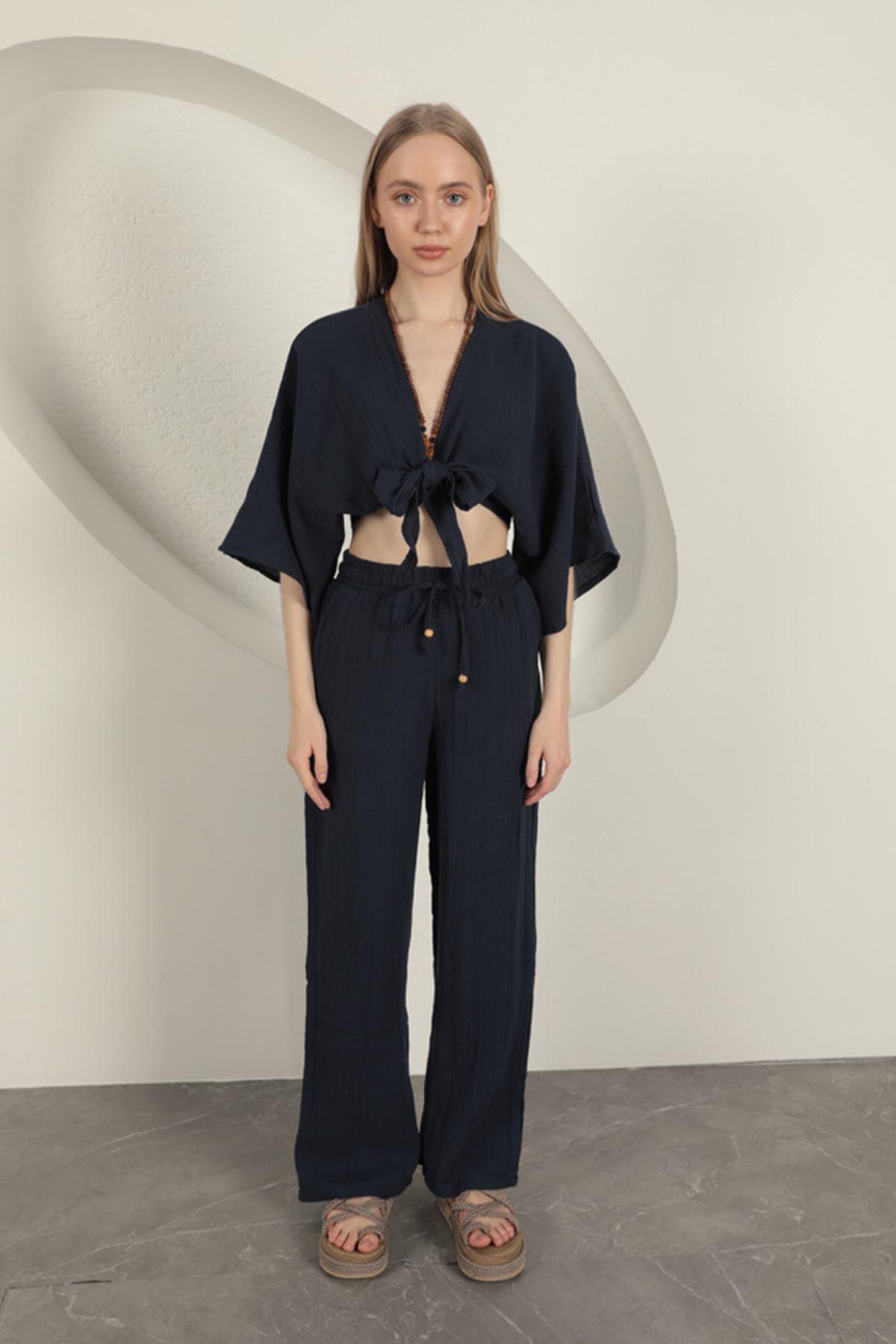 Wide Leg Women's Trousers-Navy Blue