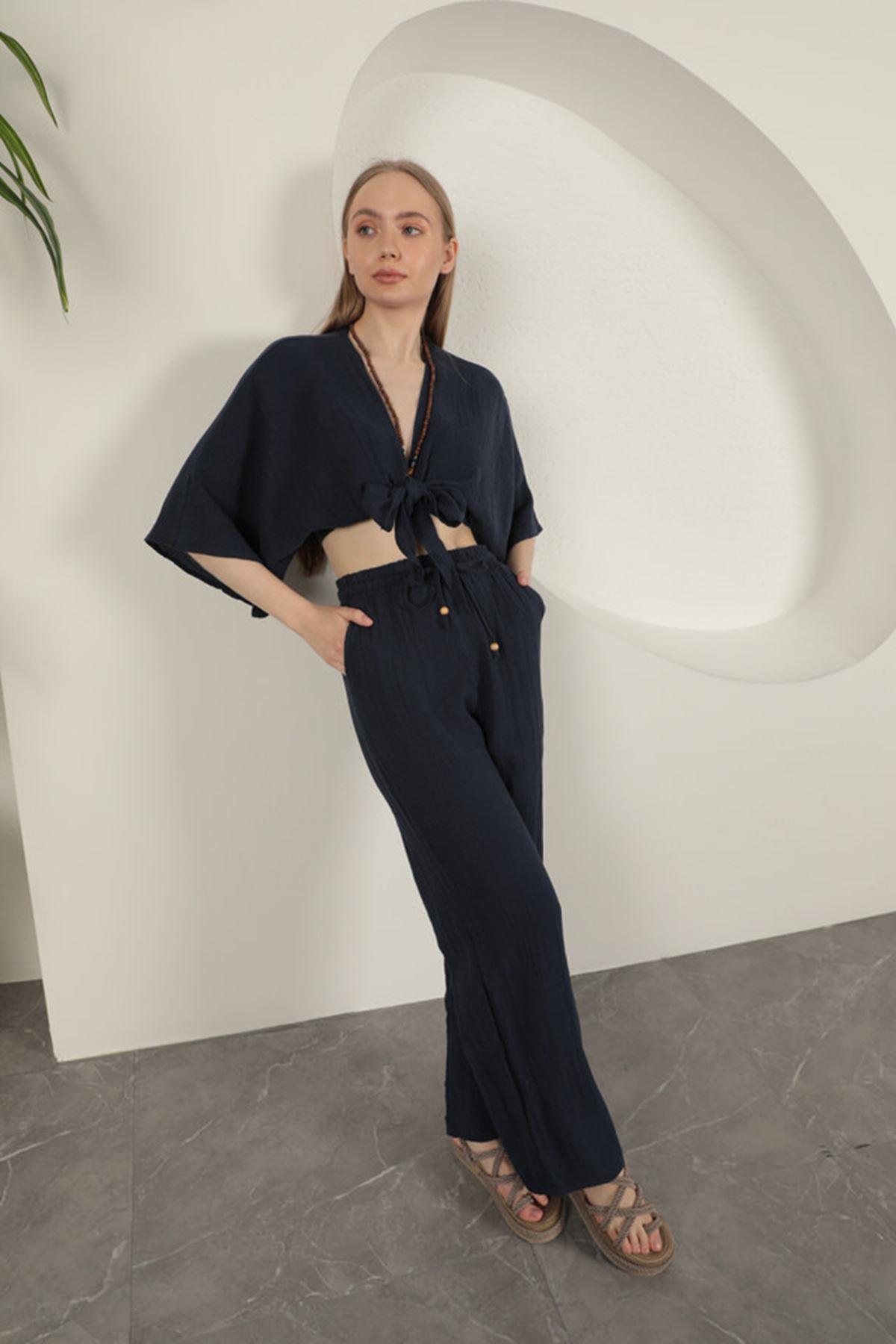 Wide Leg Women's Trousers-Navy Blue