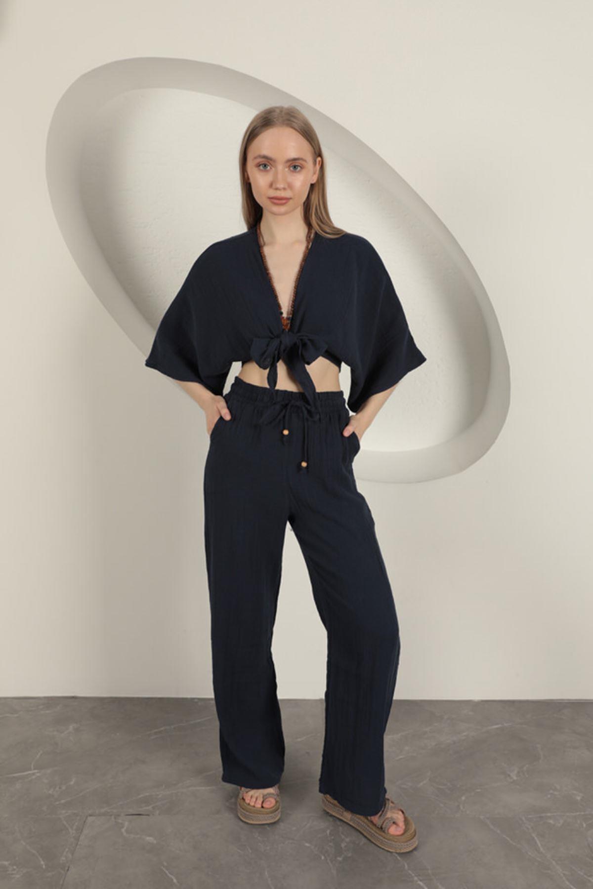Wide Leg Women's Trousers-Navy Blue