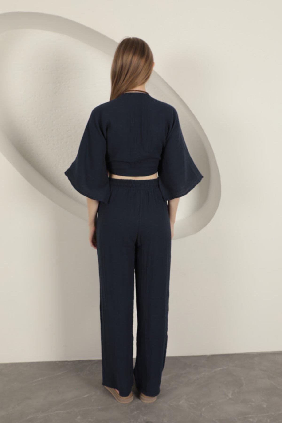 Wide Leg Women's Trousers-Navy Blue