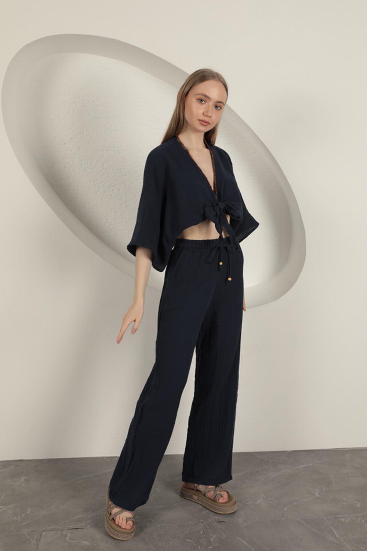 Wide Leg Women's Trousers-Navy Blue