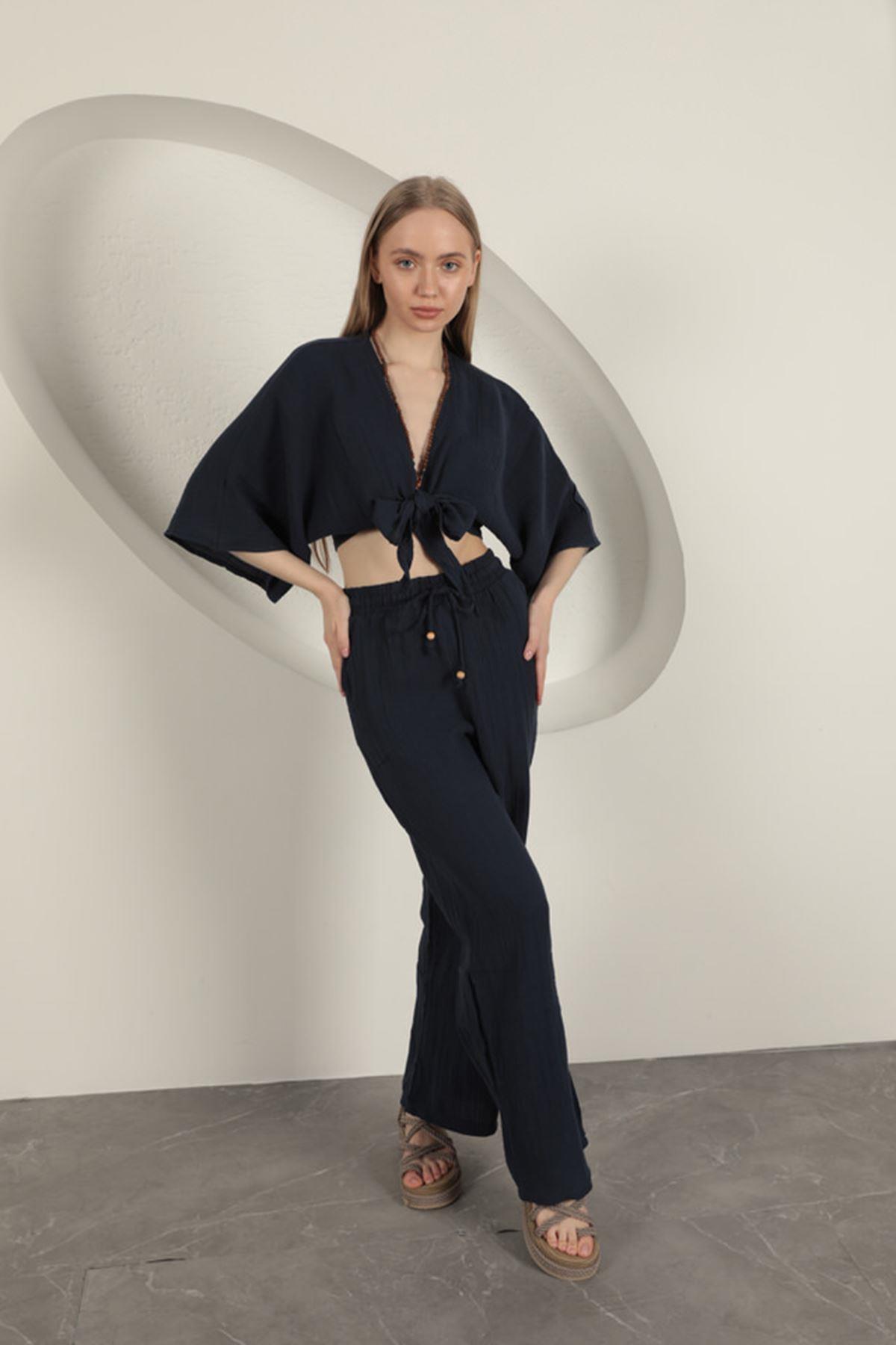 Wide Leg Women's Trousers-Navy Blue