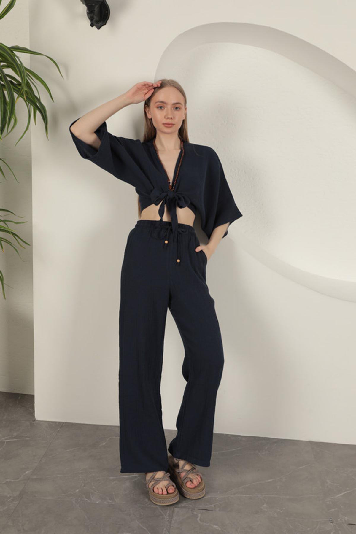 Wide Leg Women's Trousers-Navy Blue