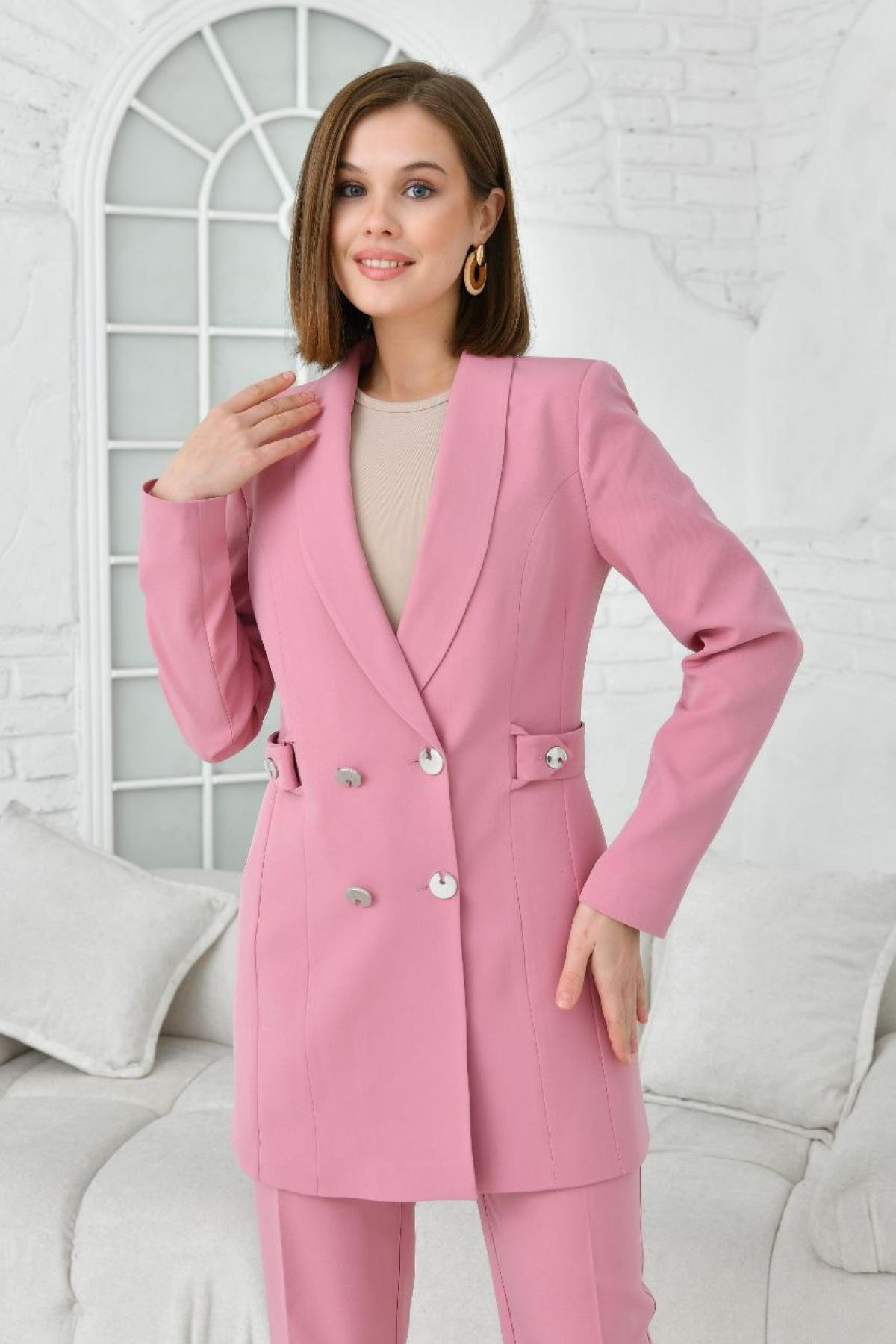 Women blazer jacket and pants suit Plus size wholesale Pink color 696978