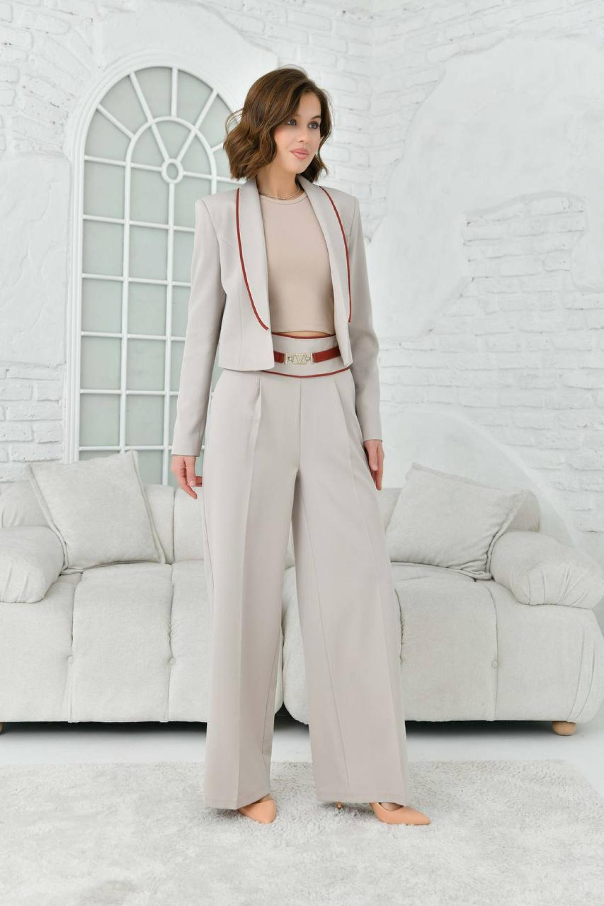 Women blazer jacket and pants suit Plus size wholesale Beige color 696962