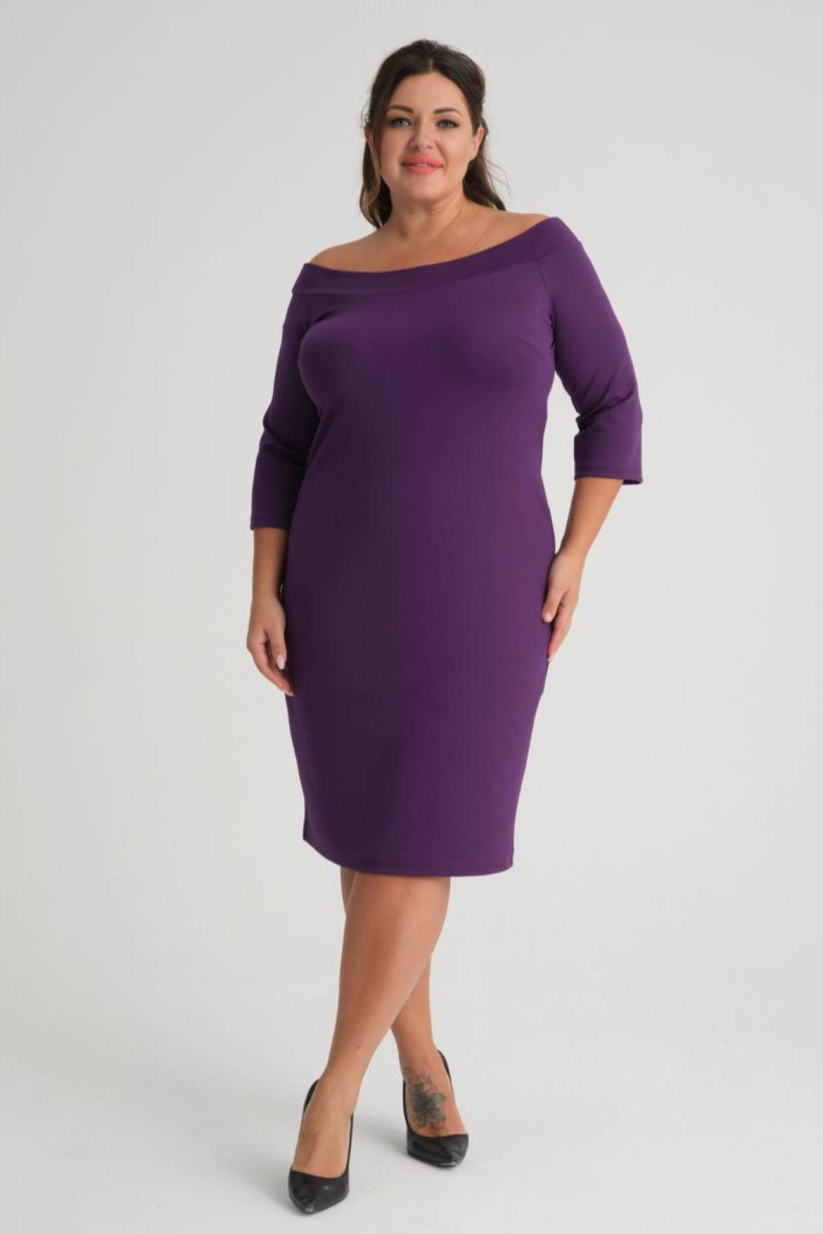Women carmen-neck midi dress Plus size wholesale Purple color 684035