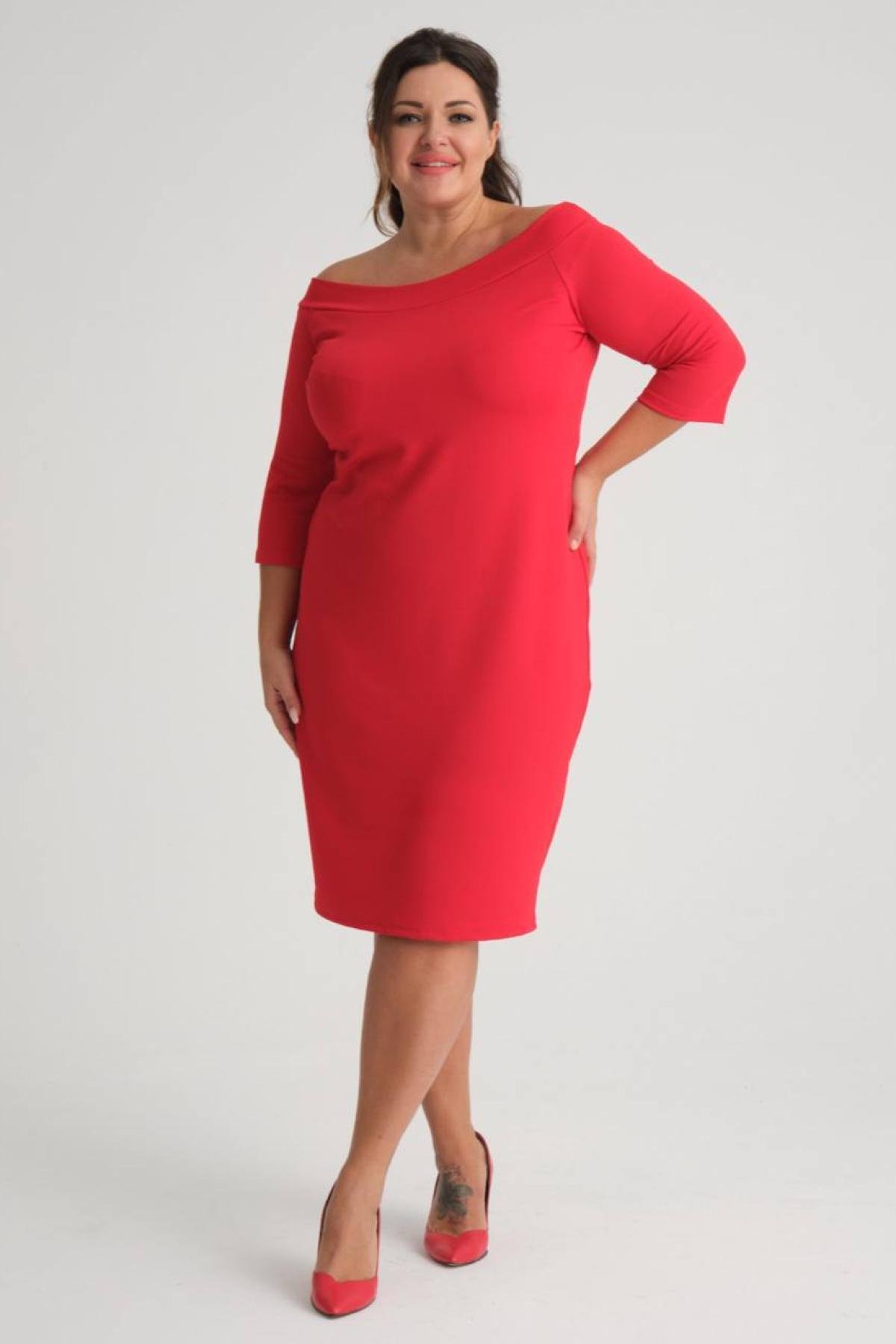 Women carmen-neck midi dress Plus size wholesale Scarlet Red color 684033