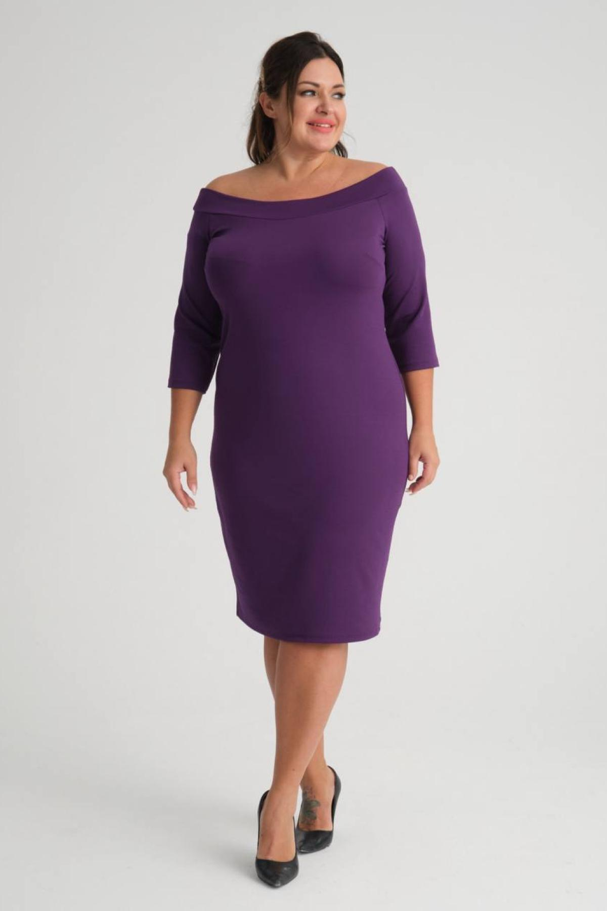 Women carmen-neck midi dress Plus size wholesale Purple color 684035