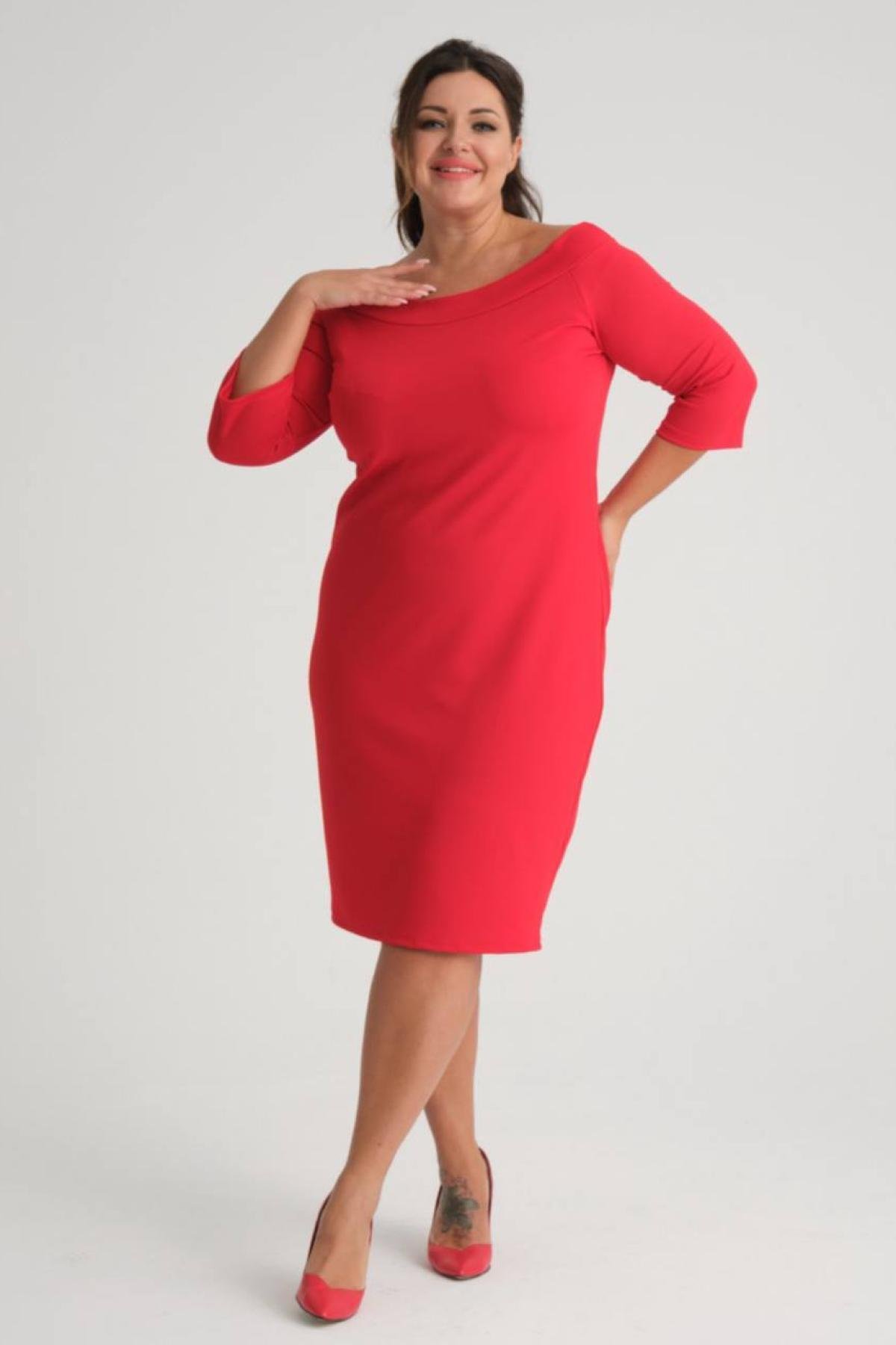 Women carmen-neck midi dress Plus size wholesale Scarlet Red color 684033