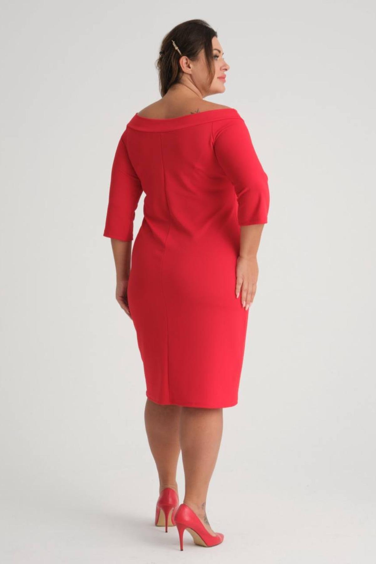 Women carmen-neck midi dress Plus size wholesale Scarlet Red color 684033