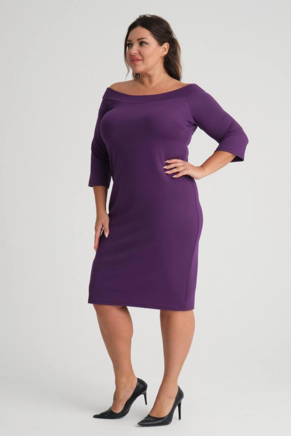 Women carmen-neck midi dress Plus size wholesale Purple color 684035