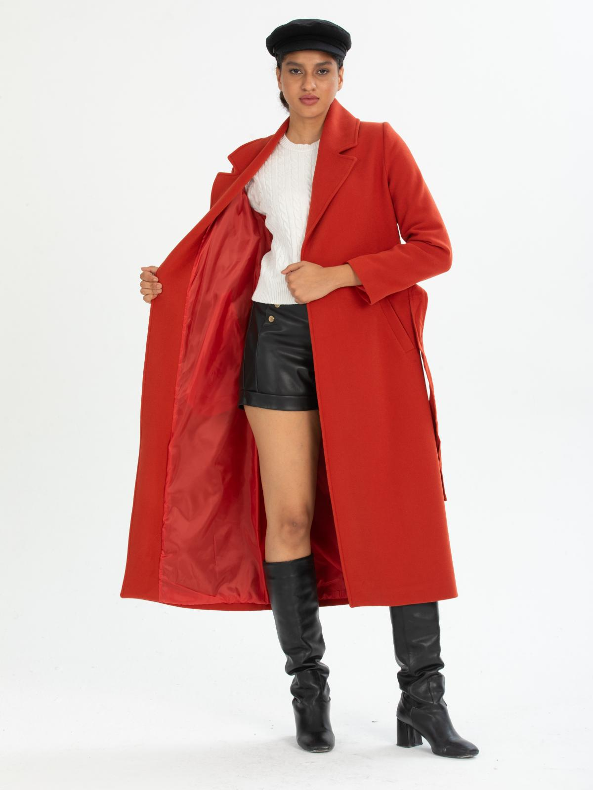 Women coat with belt wholesale Brick Red color 670420