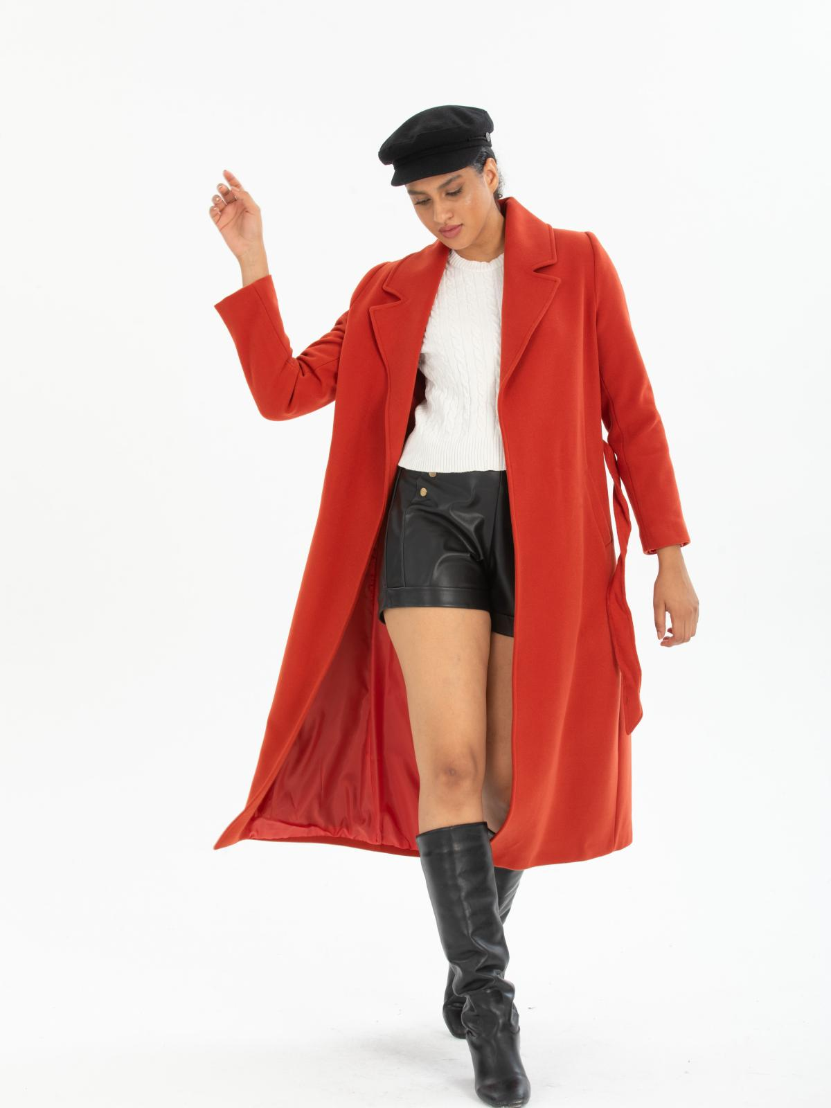 Women coat with belt wholesale Brick Red color 670420