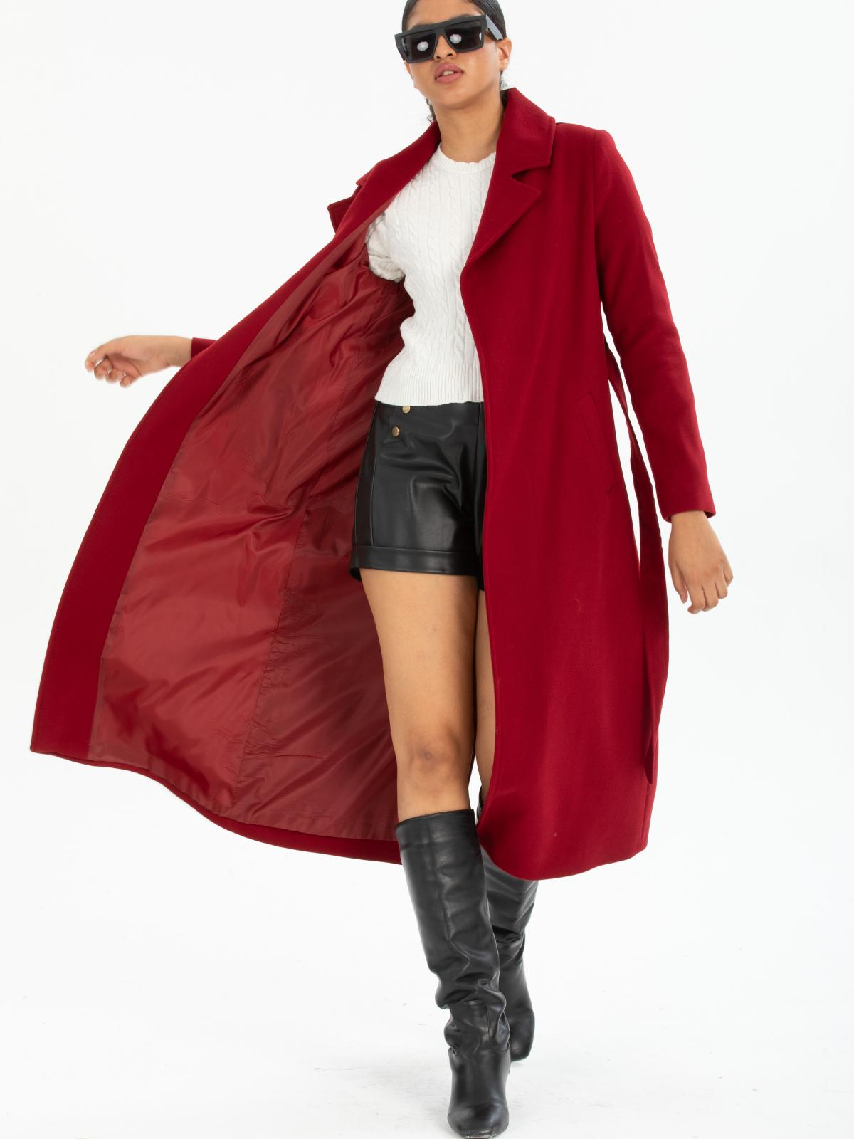 Women coat with belt wholesale Burgundy color 670418