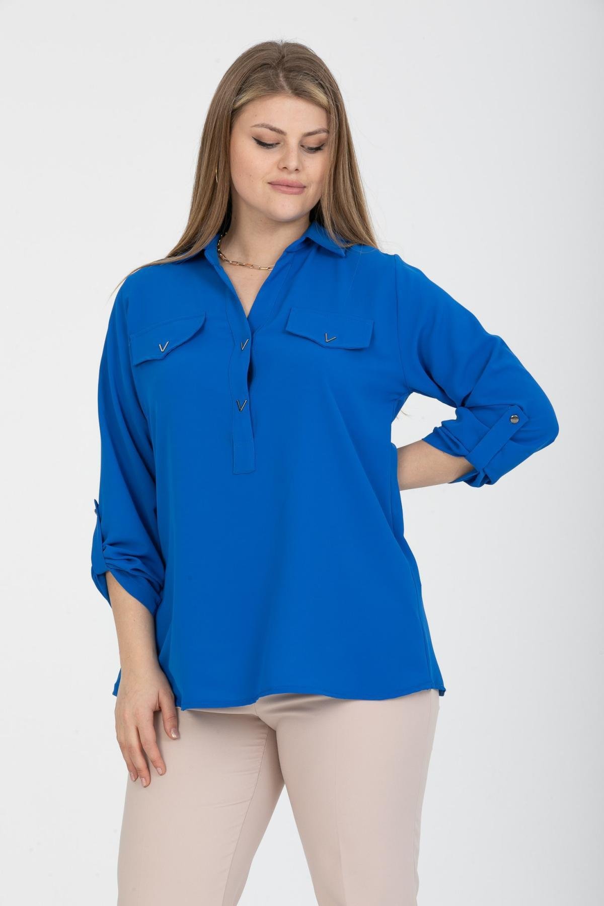 Women collared blouse Plus size wholesale Sax Blue color 694037
