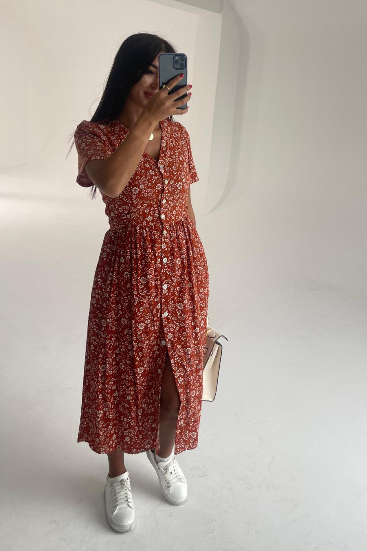 Women cotton midi dress floral wholesale Red color 693376