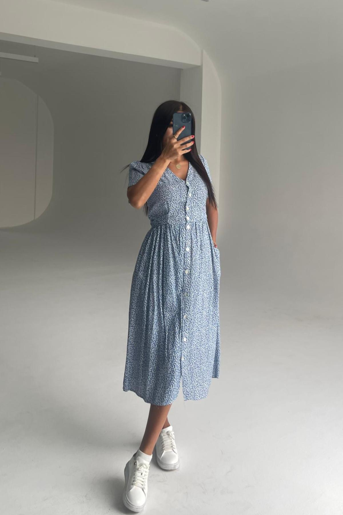Women cotton midi dress floral wholesale Blue color 693377