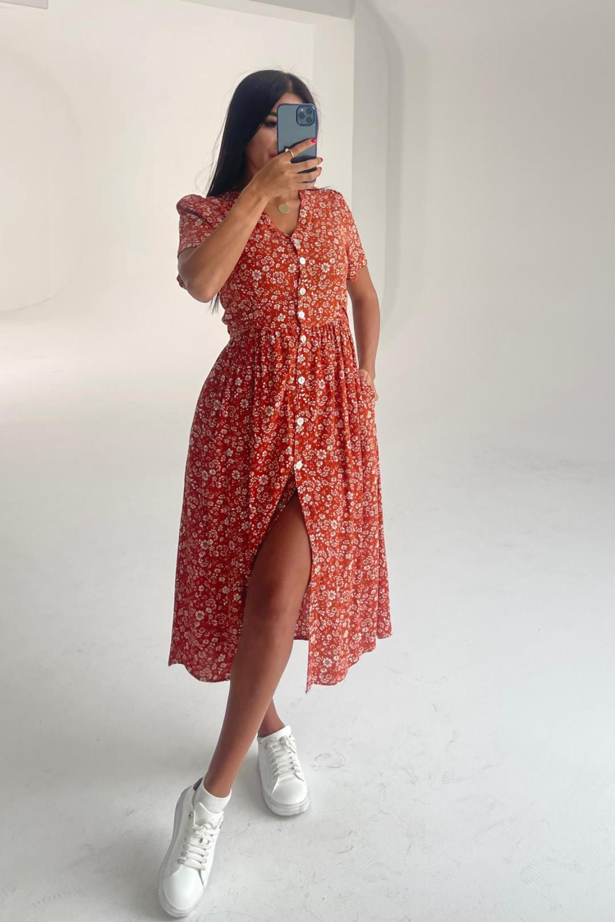 Women cotton midi dress floral wholesale Red color 693376