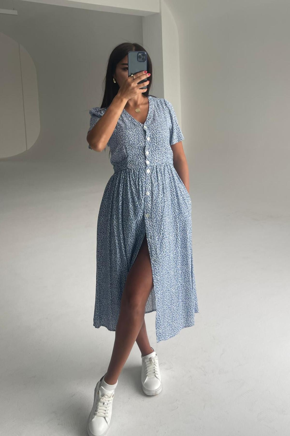 Women cotton midi dress floral wholesale Blue color 693377