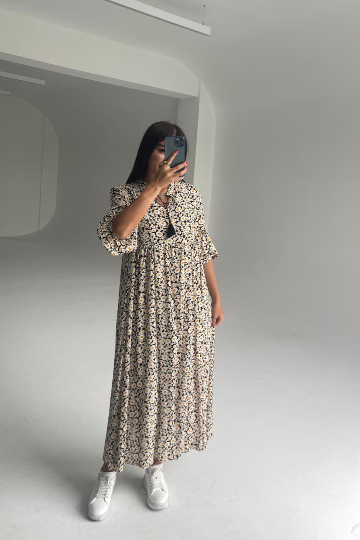 Women cotton midi dress floral wholesale Cream color 693378