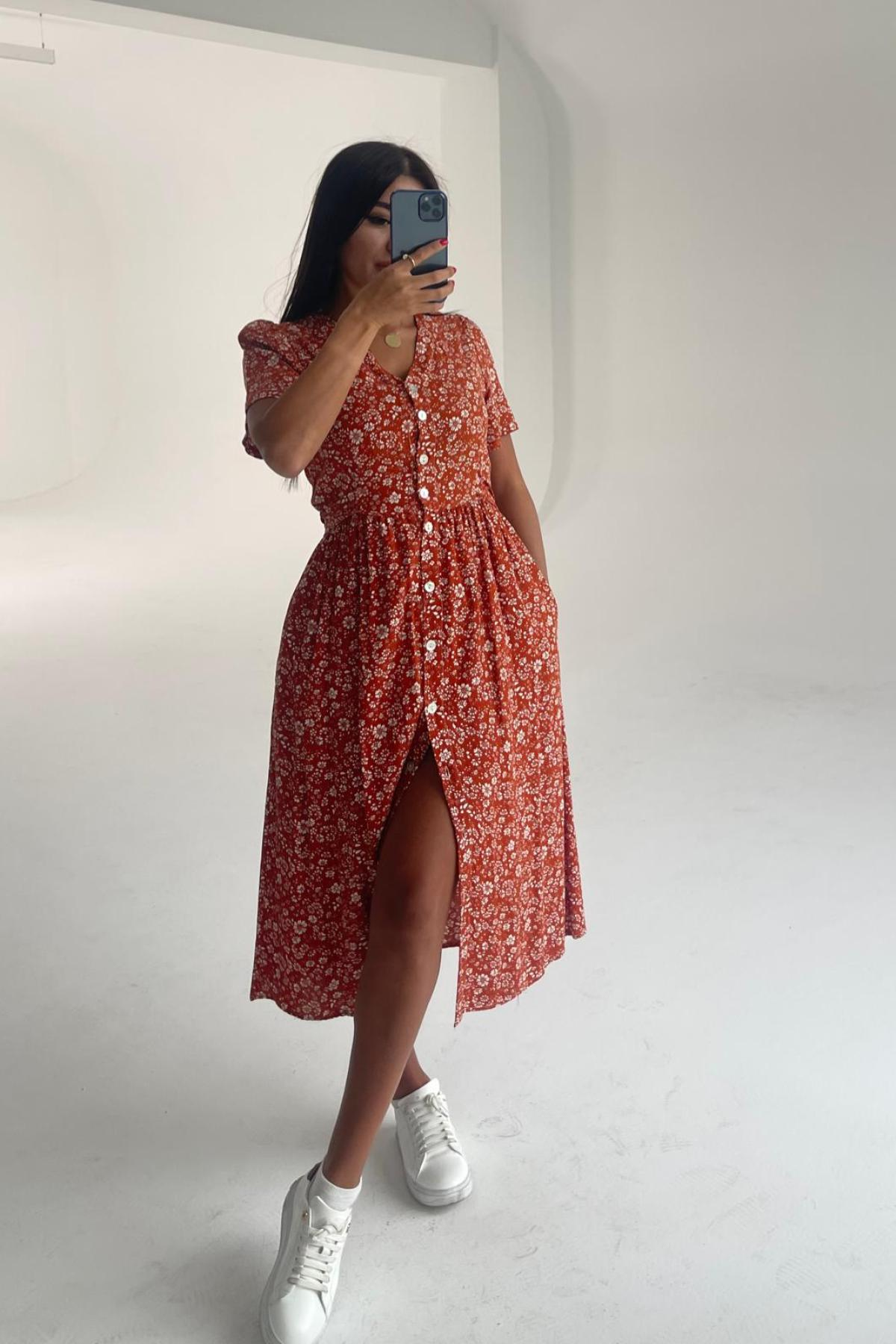 Women cotton midi dress floral wholesale Red color 693376